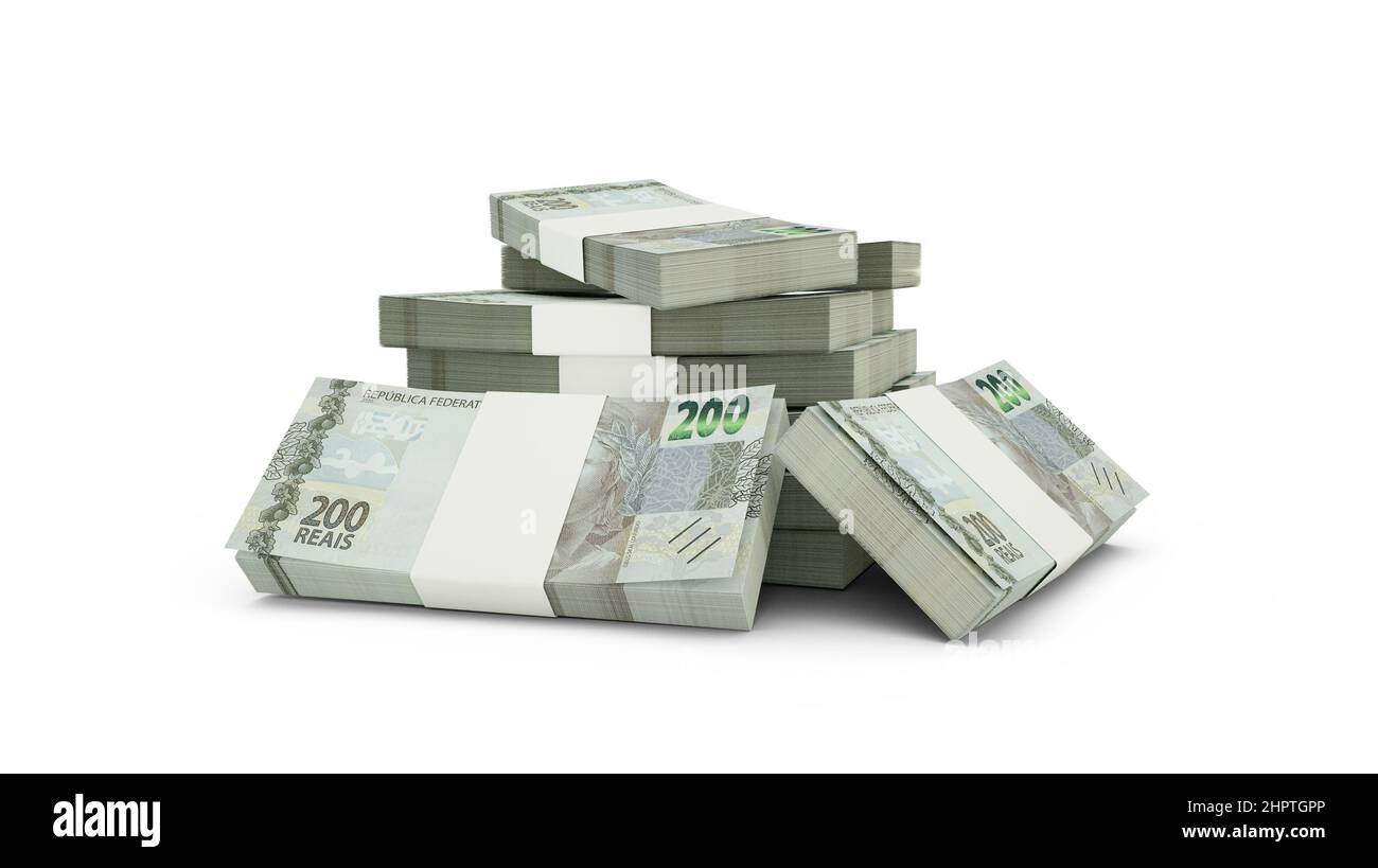 3D Darstellung von Stack brasilianischer Real Notes. Auf weißem Hintergrund isolierte Geldscheine aus Brasilien Stockfoto