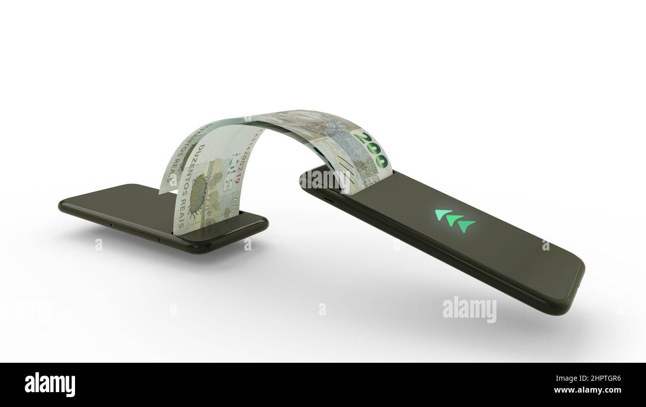3D Rendering von brasilianischen Real Notes Transfer von einem Telefon zum anderen. Mobile Money Transaction Concept Stockfoto