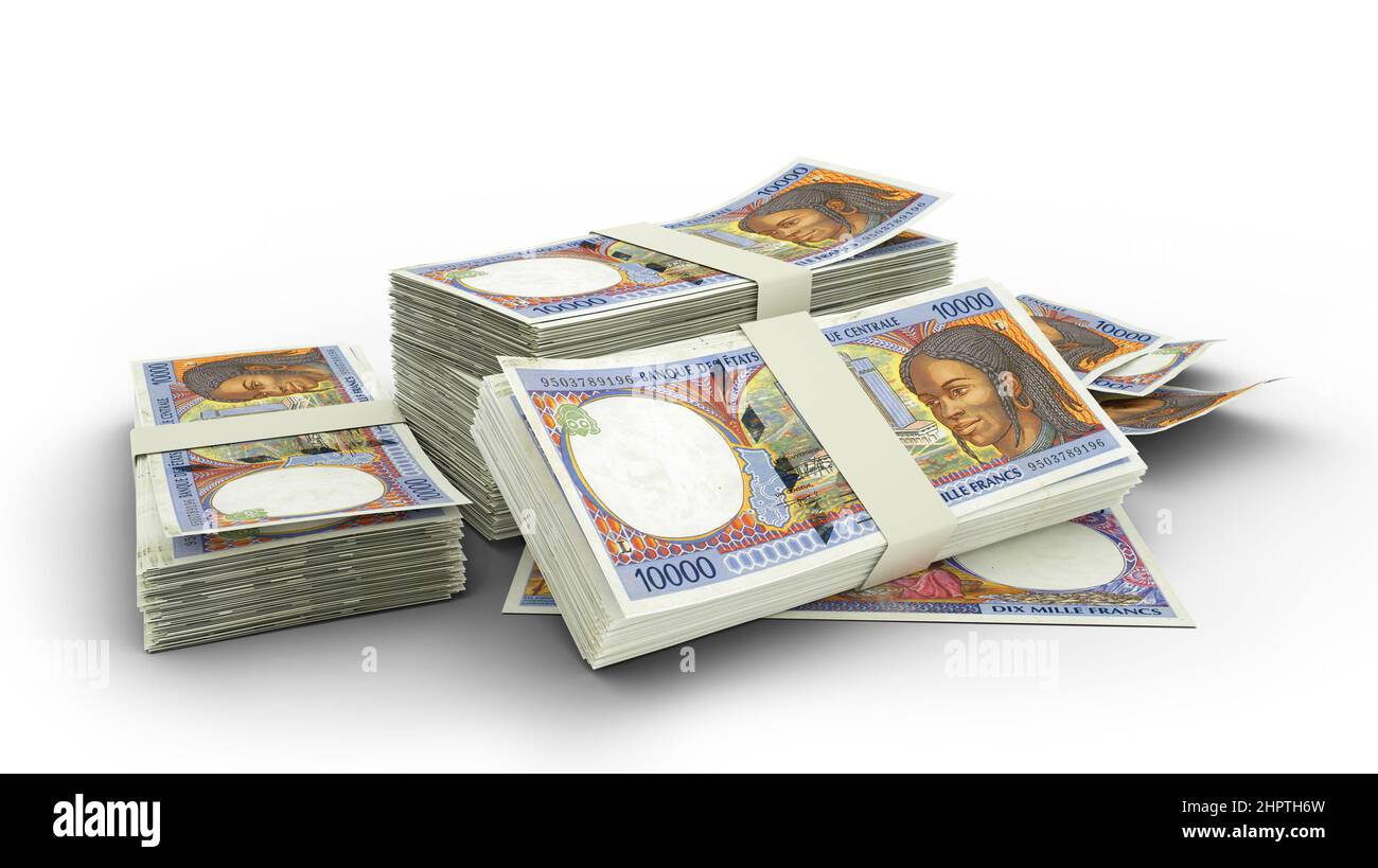 3D Stapel zentralafrikanischer CFA-Frankennoten isoliert auf weißem Hintergrund. 3D Rendern Stockfoto
