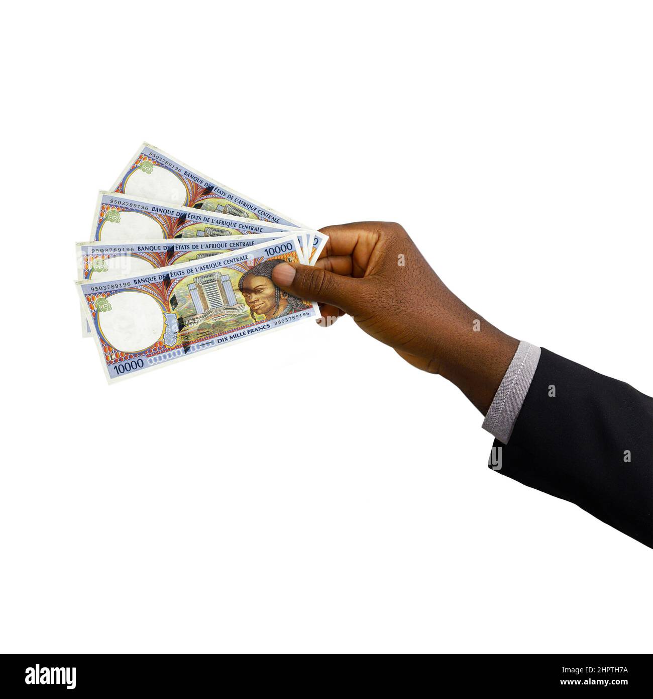 Schwarze Hand mit Anzug, der 3D gerenderte zentralafrikanische CFA-Franc-Noten auf weißem Hintergrund hält Stockfoto