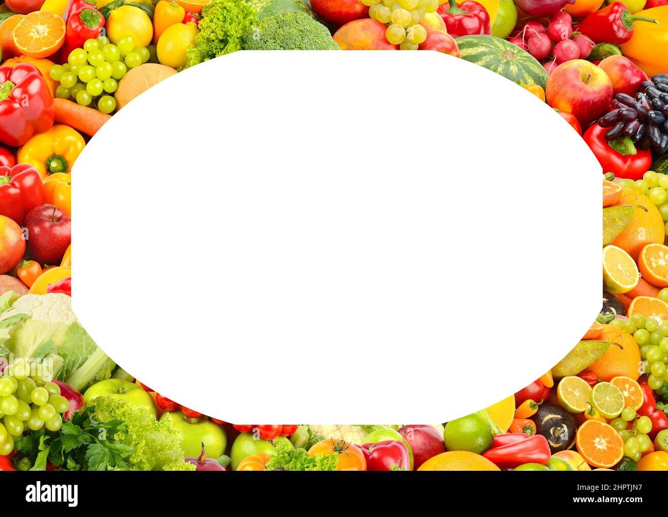 Rechteckiger Rahmen für Obst und Gemüse isoliert auf weißem Hintergrund. Stockfoto