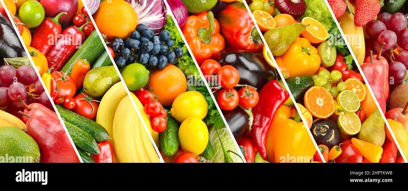 Collage frisches Gemüse und Obst getrennt schrägen Linien. Stockfoto