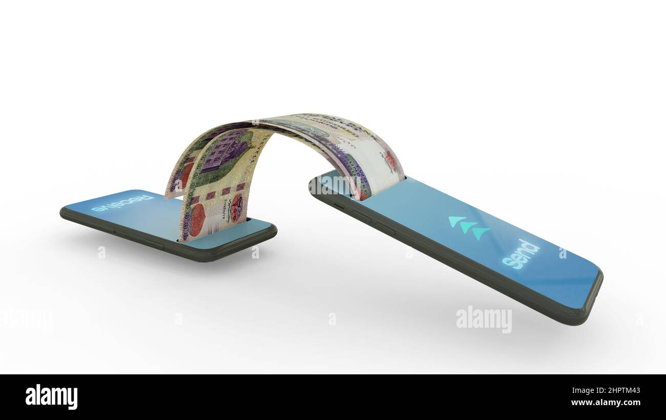 3D Rendering von ägyptischen Pfund-Noten Übertragung von einem Telefon zum anderen. Mobile Money Transaction Konzept Stockfoto