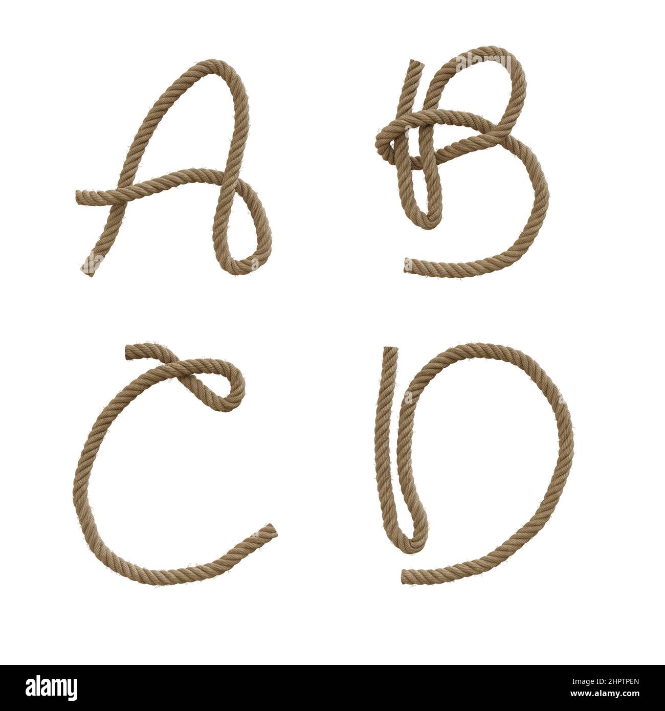3D Darstellung von Hanfseil Großbuchstaben Alphabet - Buchstaben A-D Stockfoto