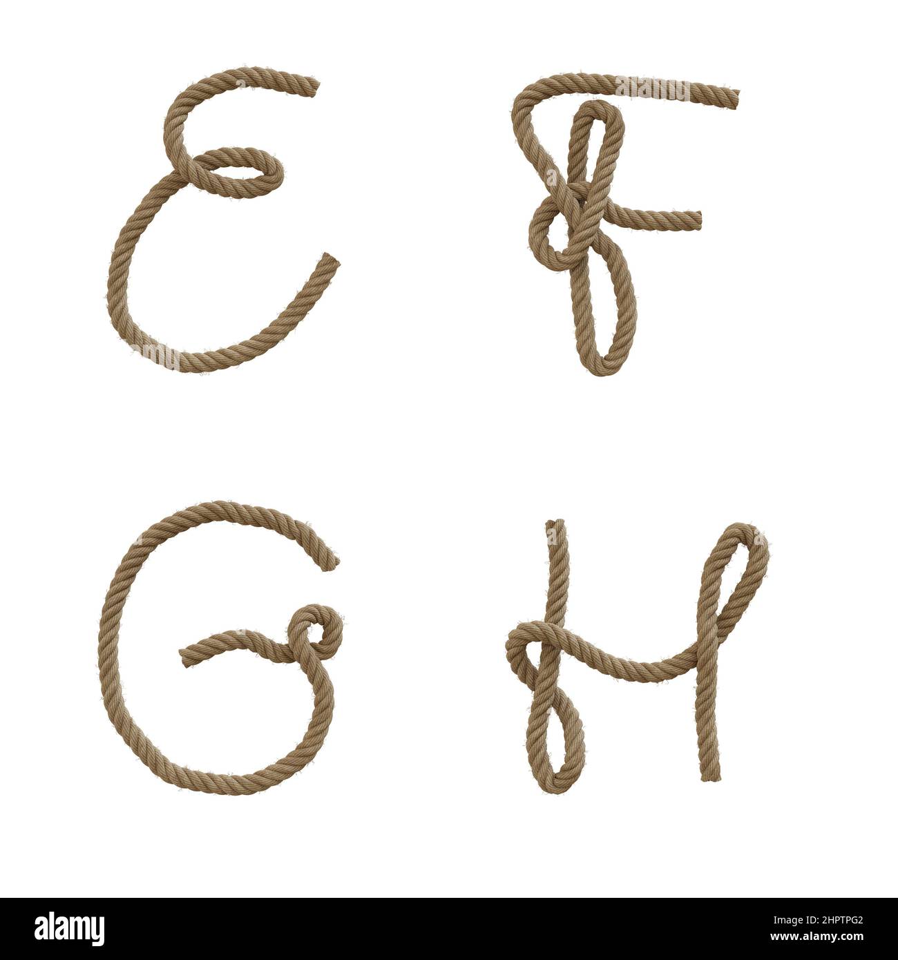3D Darstellung von Hanfseil-Großbuchstaben Alphabet - Buchstaben E-H Stockfoto
