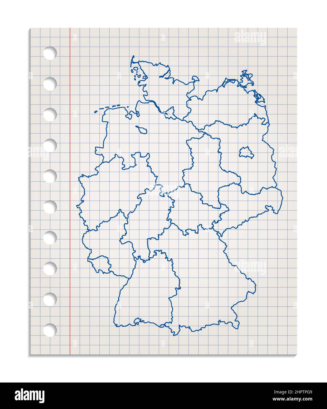 Deutschland Karte auf einem realistischen quadratischen Blatt Papier, das aus einem Block gerissen wurde, leer Stockfoto