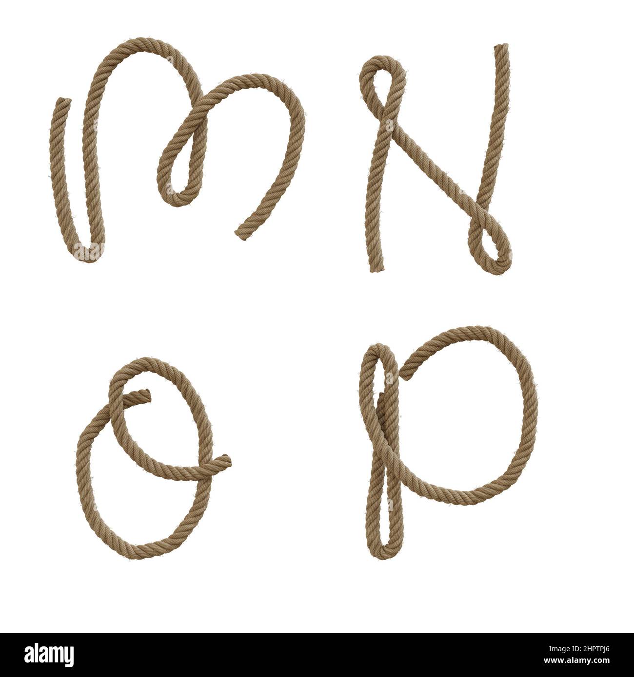3D Darstellung von Hanfseil-Großbuchstaben Alphabet - Buchstaben M-P Stockfoto