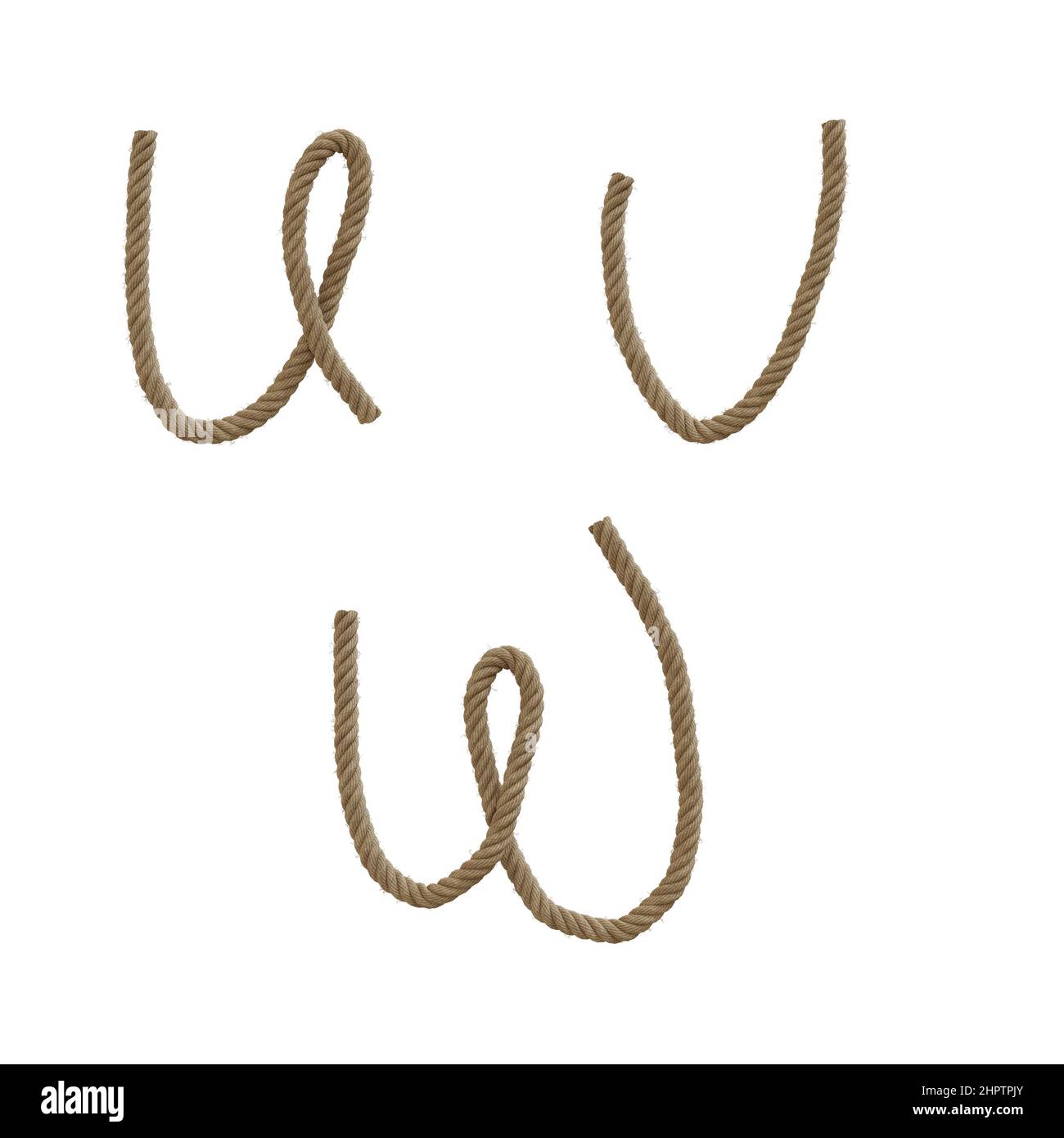 3D Darstellung von Hanfseil Großbuchstaben Alphabet - Buchstaben U-W Stockfoto