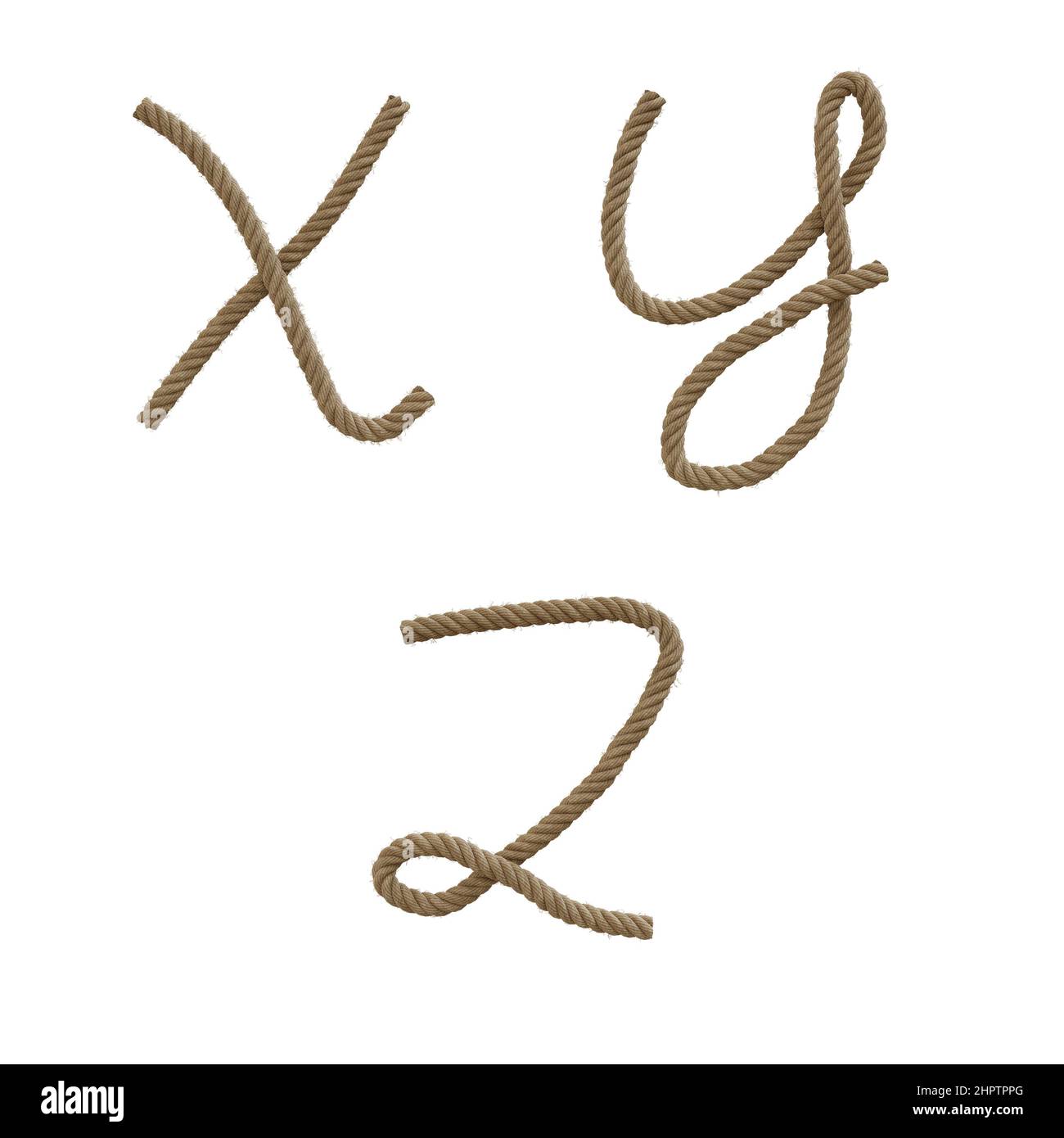 3D Darstellung von Hanfseil Großbuchstaben Alphabet - Buchstaben X-Z Stockfoto