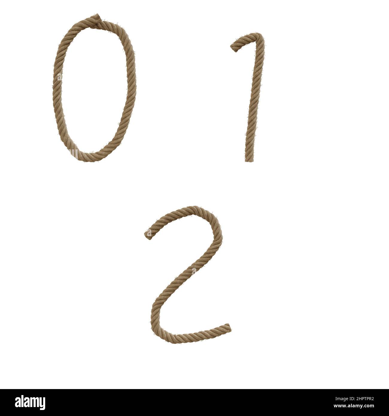 3D Rendering von Hanfseil Großbuchstaben Alphabet - Ziffern 0-2 Stockfoto
