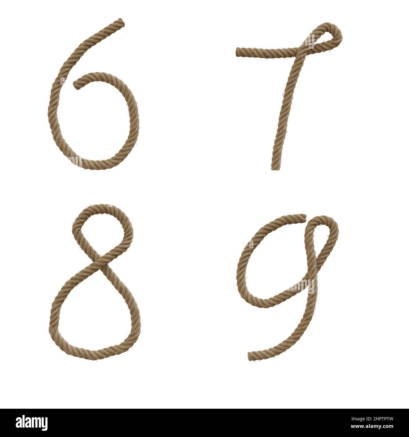 3D Rendering von Hanfseil Großbuchstaben Alphabet - Ziffern 6-9 Stockfoto