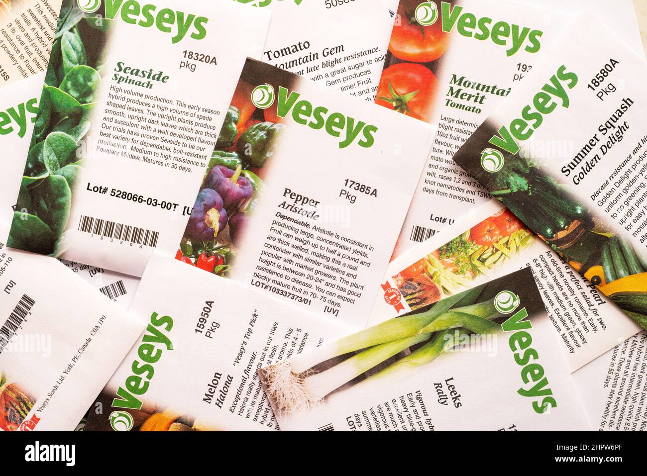 Neu gekaufte Pakete von Gemüsegarten Samen. Stockfoto