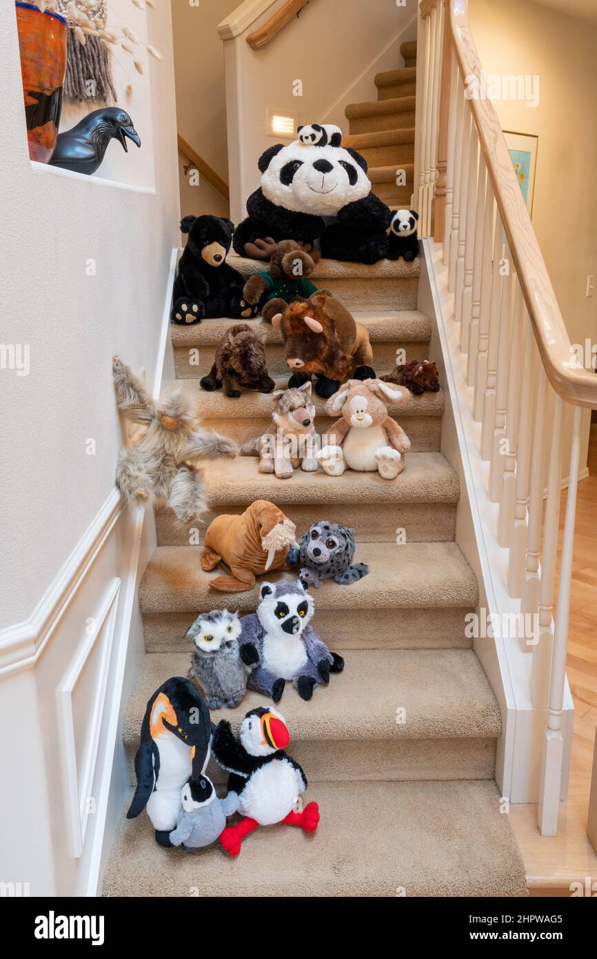 Ausgestopfte Tiere, die mit ihrem Freund eine Treppe hinunterlaufen Stockfoto