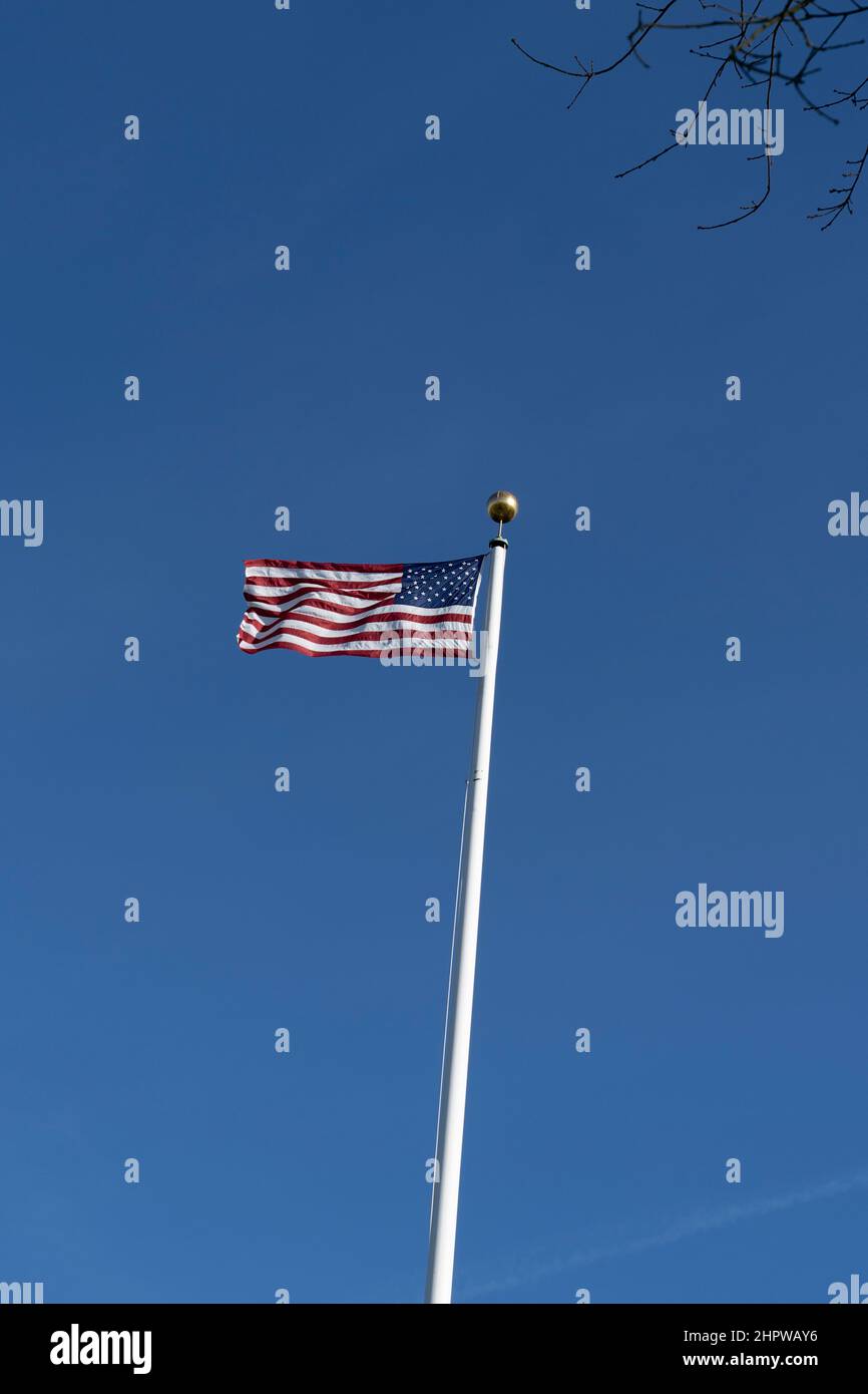 Die amerikanischen Flaggen-Sterne und -Streifen oder sternenverspankelte Banner flattern in blauem Himmel Stockfoto