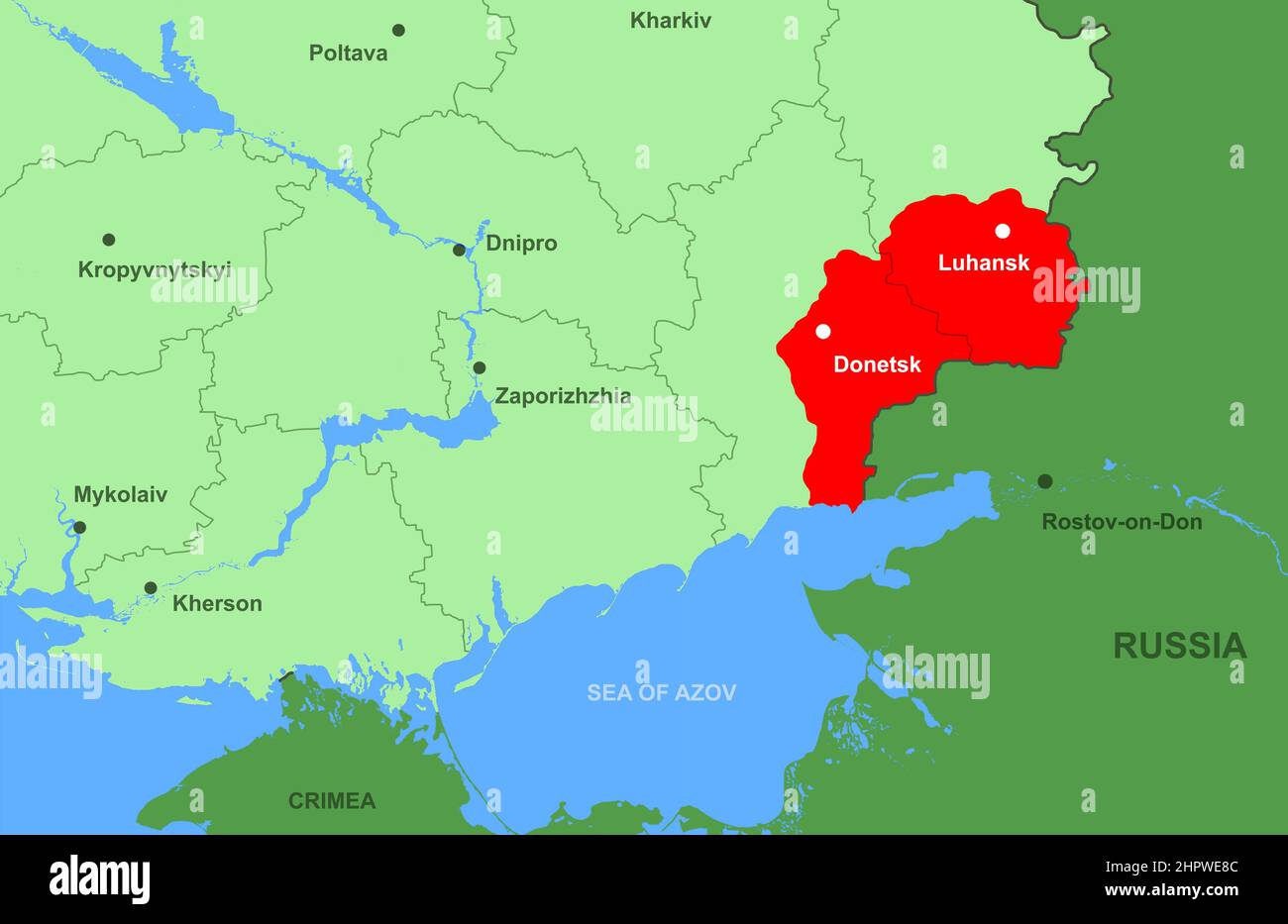 Die Ukraine und die Region Donbass in Europa zeigen Nahaufnahme. Politische Übersichtskarte mit den Republiken Donezk und Luhansk, der russischen Grenze, der Krim, dem Asowschen Meer. Konz Stockfoto