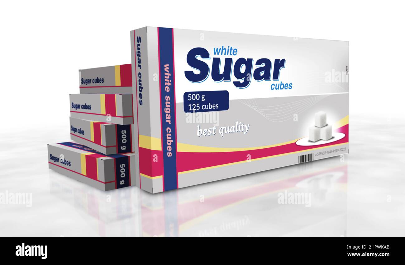 Zuckerwürfel Verpackung Box Produktion. Ungesunde Ernährung abstraktes Konzept 3D Rendering Illustration. Stockfoto