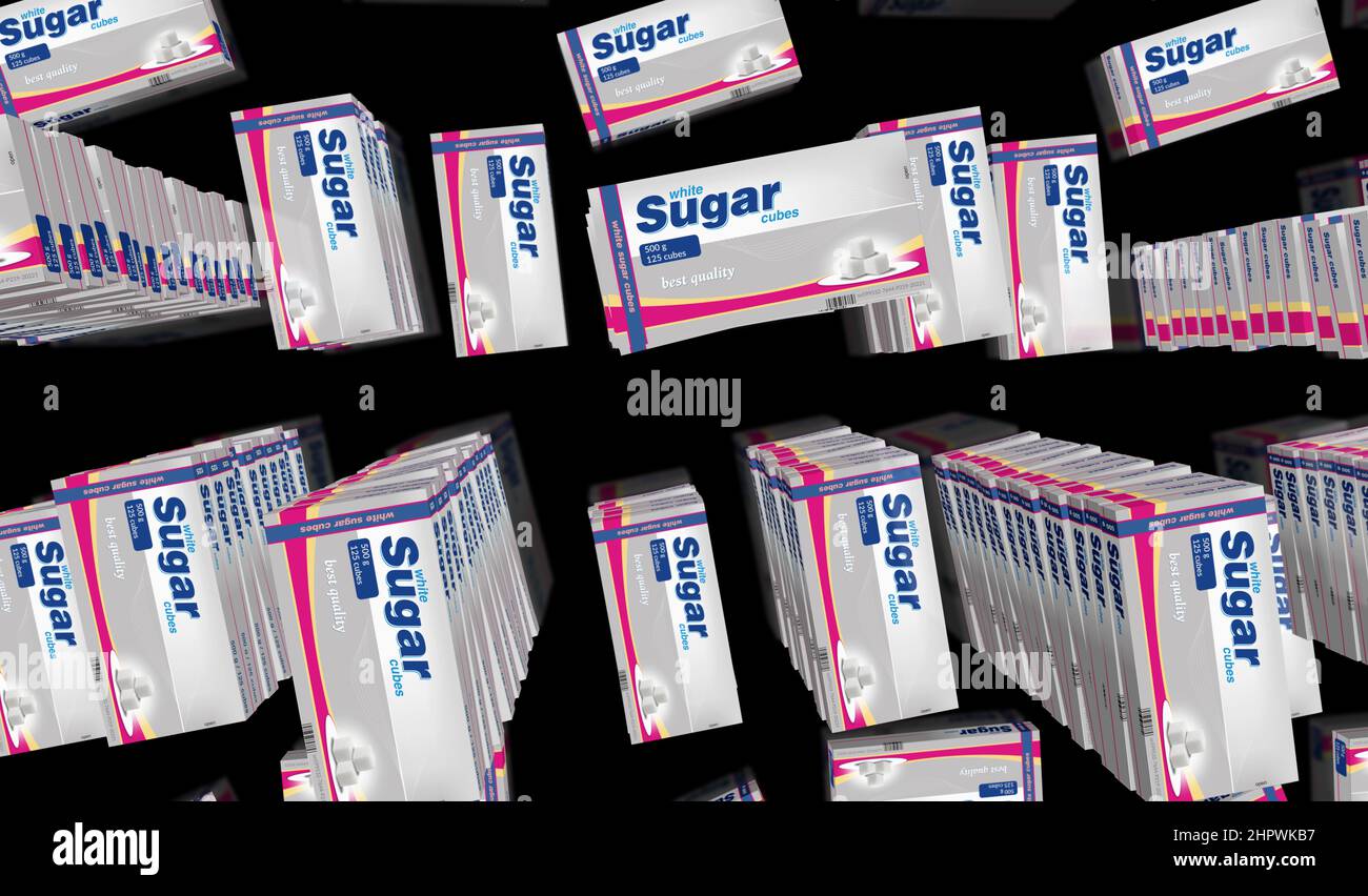 Zuckerwürfel Verpackung Box Produktion. Ungesunde Ernährung abstraktes Konzept 3D Rendering Illustration. Stockfoto