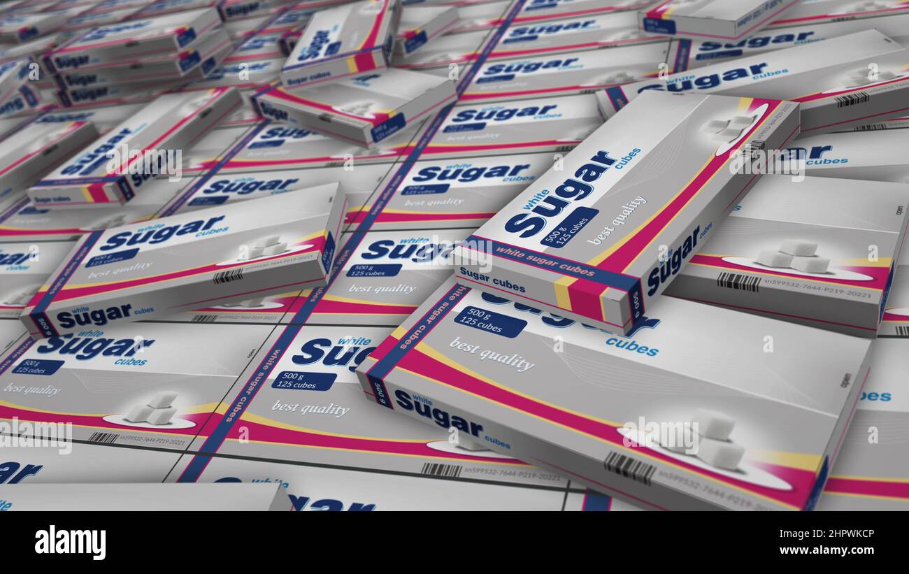 Zuckerwürfel Verpackung Box Produktion. Ungesunde Ernährung abstraktes Konzept 3D Rendering Illustration. Stockfoto