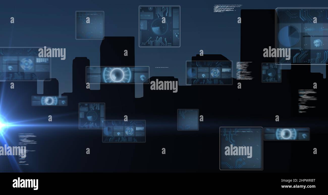 Bild der Datenverarbeitung auf Bildschirmen über dem Stadtbild Stockfoto