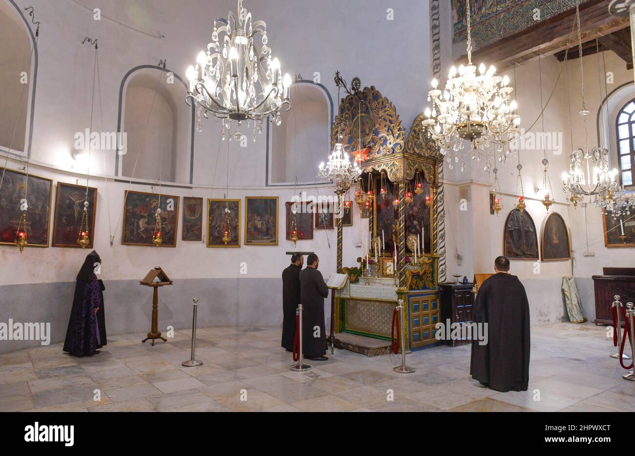 Orthodoxer Gottesdienst, Geburtskirche, Bethlehem, Israel Stockfoto