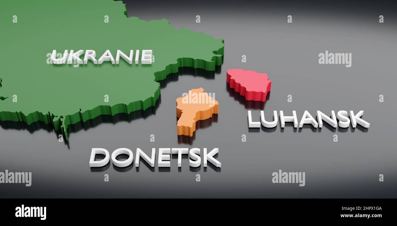 3D Karte der Ukraine und der beiden unabhängigen Regionen Donezk und Luhansk. 3D Abbildung. Stockfoto