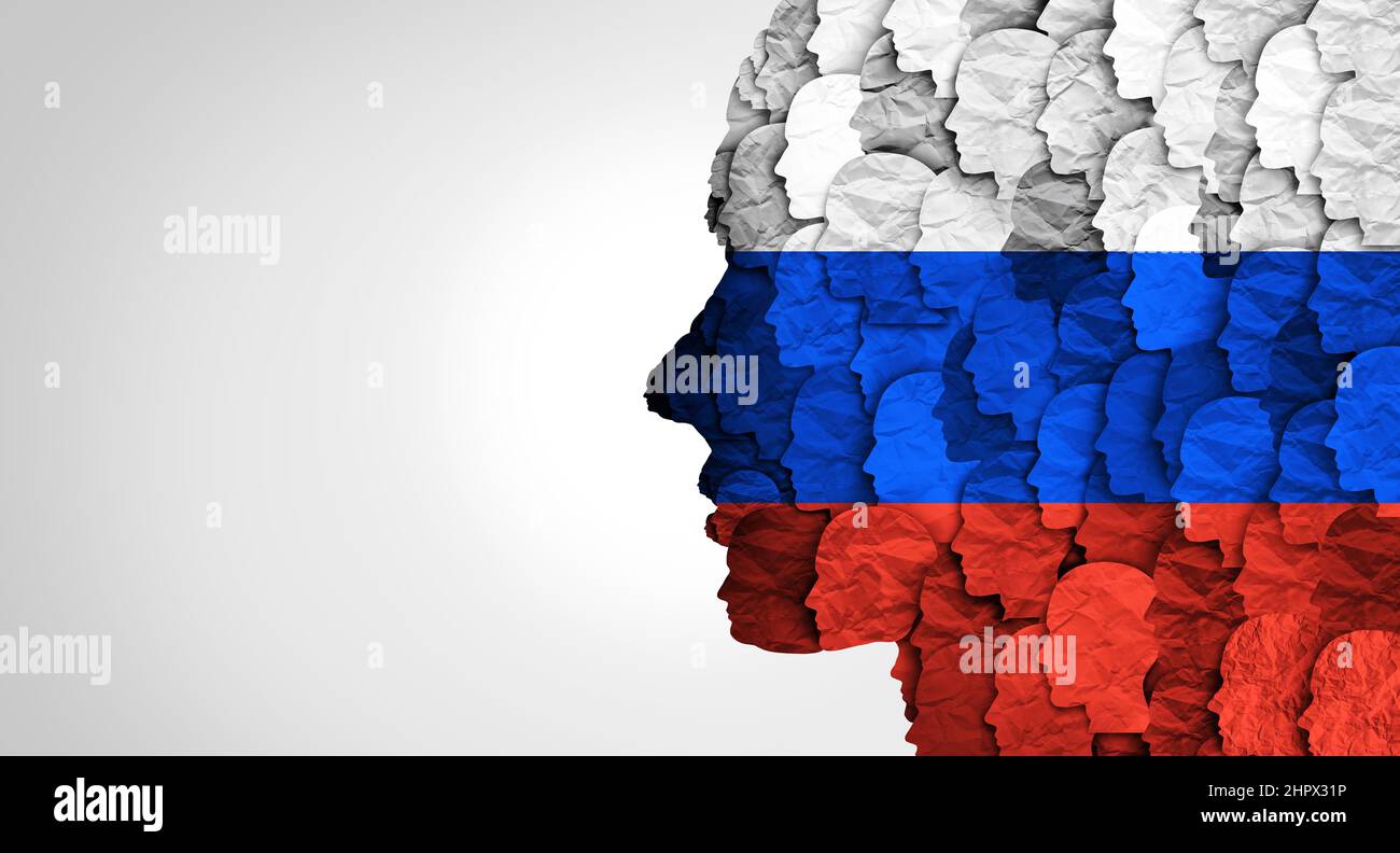 Russisches Volkssymbol als Gruppe von Russen zusammen mit der Flagge Russlands als osteuropäischen Land in einem Illustrationsstil von 3D. Stockfoto