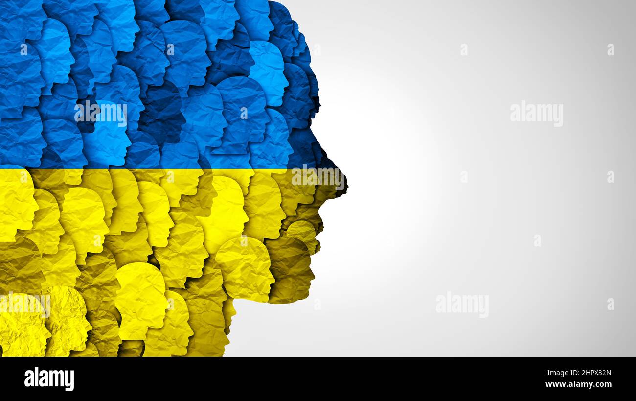 Ukrainisches Volkssymbol als Gruppe von Ukrainern zusammen mit der Flagge der Ukraine als osteuropäischen Land in einem Illustrationsstil von 3D. Stockfoto