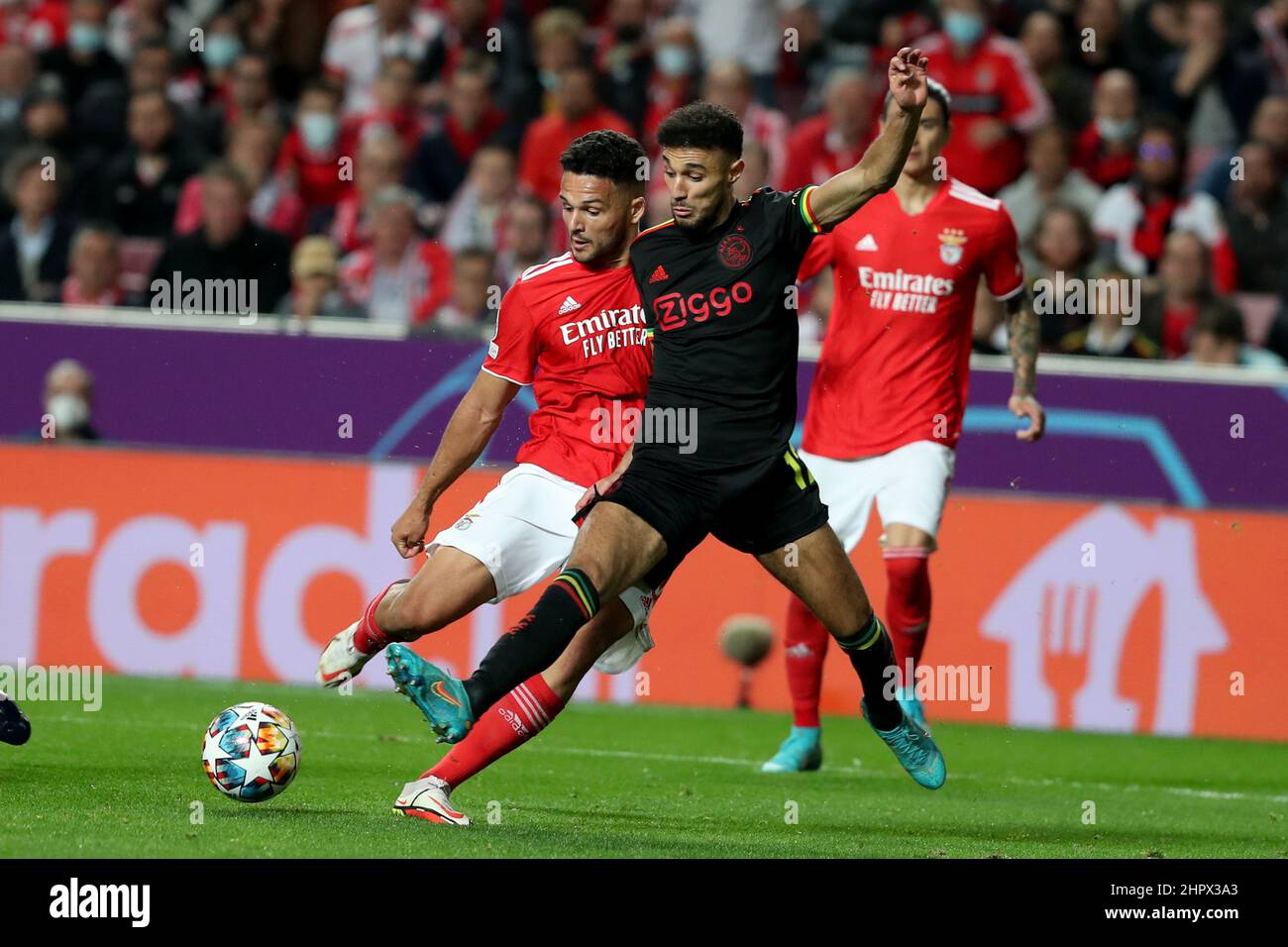 Lissabon, Portugal. 23rd. Februar 2022. Goncalo Ramos aus Benfica (L) steht mit Noussair Mazraoui aus Ajax während der UEFA Champions League-Runde mit 16 1st Beinabenden zwischen SL Benfica und AFC Ajax in Lissabon, Portugal, am 23. Februar 2022, im Spiel. Quelle: Petro Fiuza/Xinhua/Alamy Live News Stockfoto