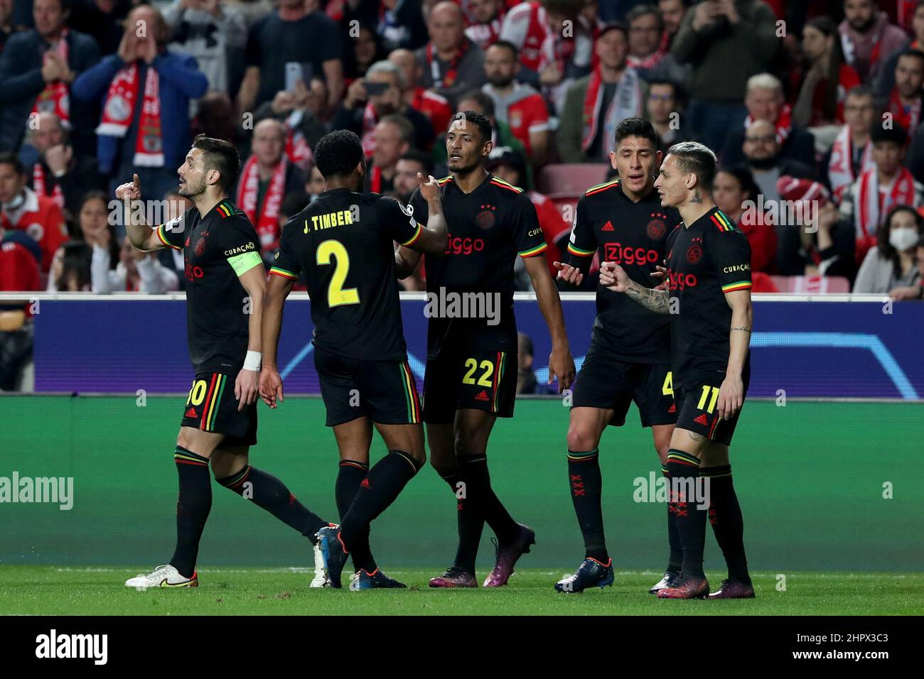 Lissabon, Portugal. 23rd. Februar 2022. Sebastien Haller von Ajax (C) feiert mit seinen Teamkollegen, nachdem er während der UEFA Champions League-Runde des 16 1st-Bein-Spiels zwischen SL Benfica und AFC Ajax in Lissabon, Portugal, am 23. Februar 2022, Punkten konnte. Quelle: Petro Fiuza/Xinhua/Alamy Live News Stockfoto