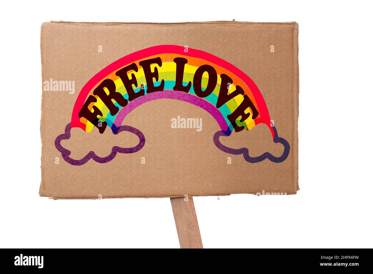 Ein Free Love Pappschild auf weißem Hintergrund. Stockfoto