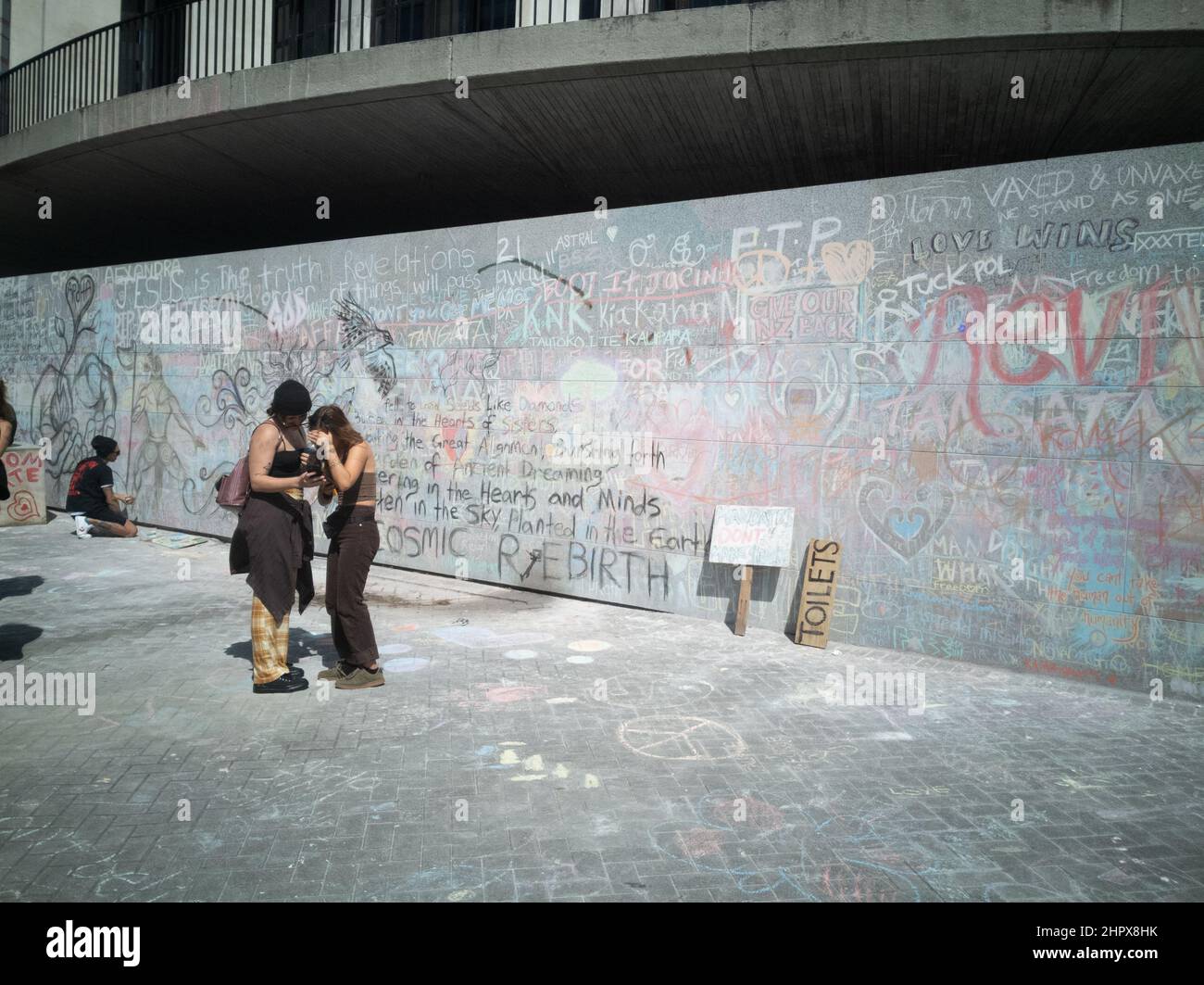 Kinder und Erwachsene vor der Freiheitsmauer bei einem covid-Impfmandat-Protest auf Parlamentsgelände in Wellington, Neuseeland. 24. Februar 2022 Stockfoto