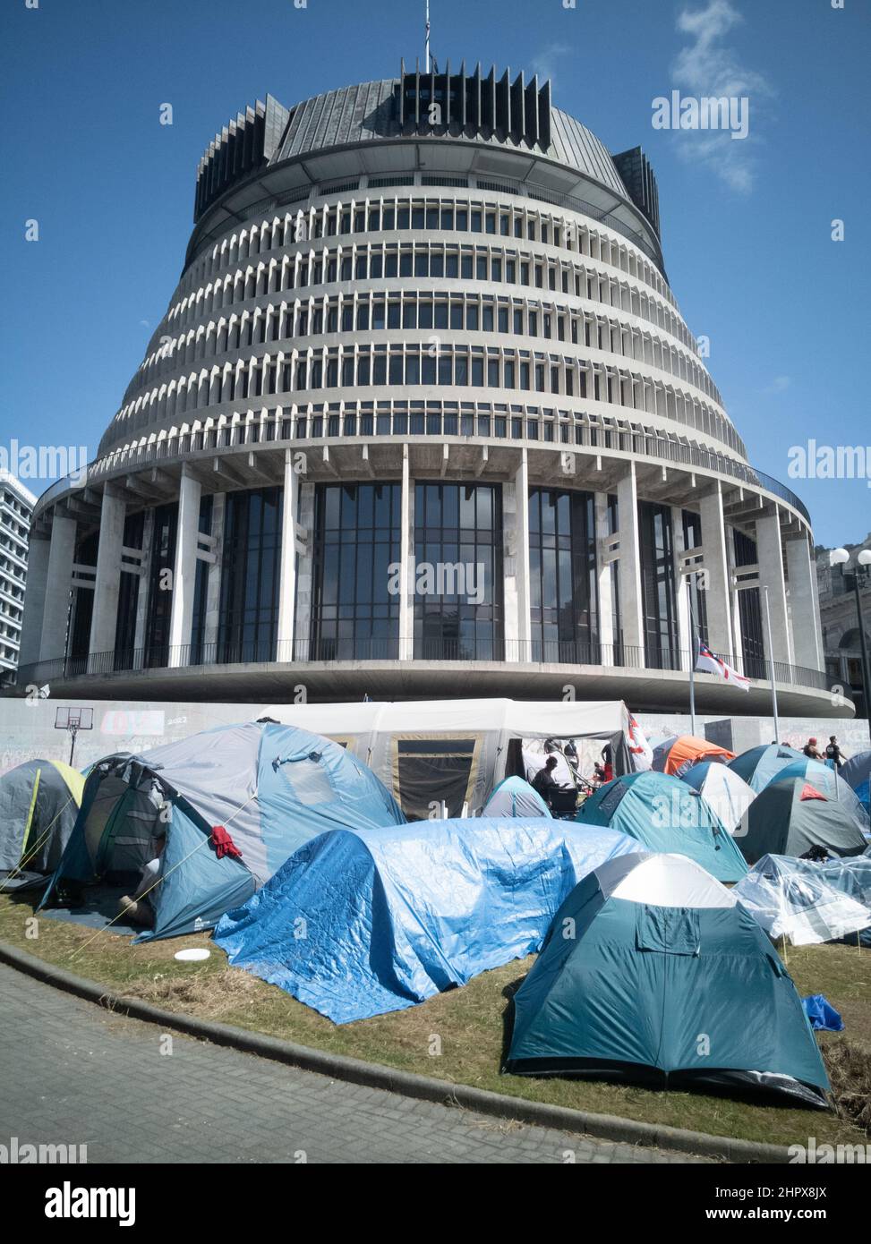 24. Februar 2022 - 17. Tag des Impf-Mandats in Wellington, Neuseeland, aus Parlamentsgründen. Stockfoto