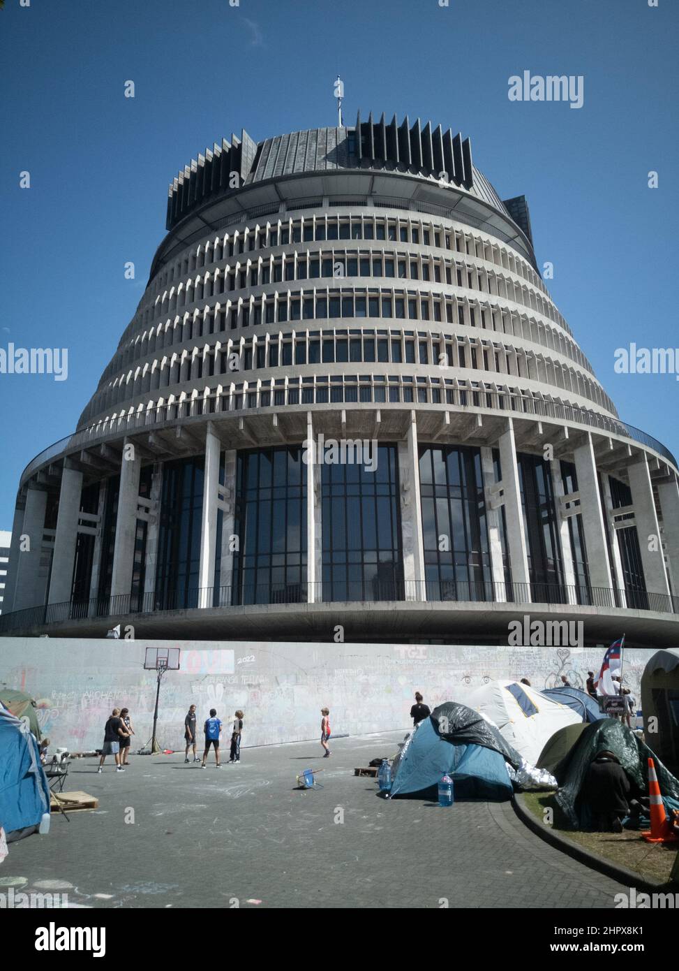 24. Februar 2022 - 17. Tag des Impf-Mandats in Wellington, Neuseeland, aus Parlamentsgründen. Stockfoto
