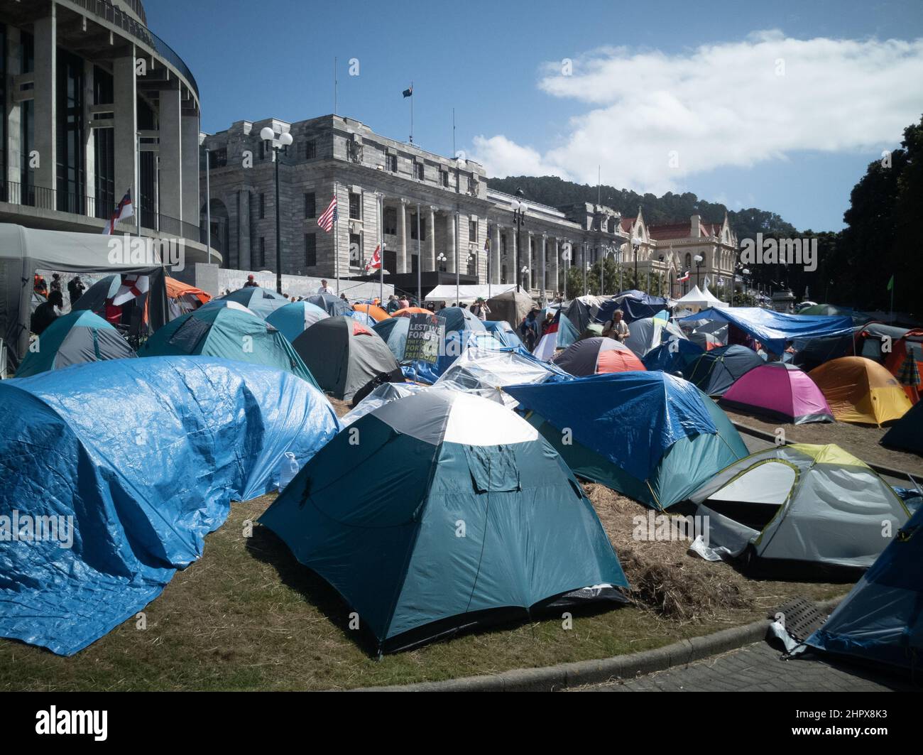 24. Februar 2022 - 17. Tag des Impf-Mandats in Wellington, Neuseeland, aus Parlamentsgründen. Stockfoto