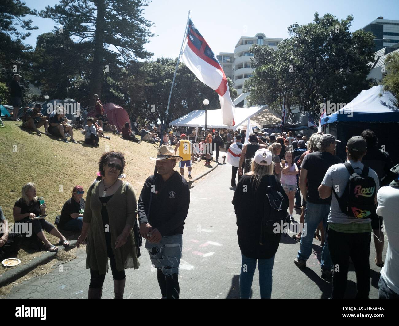 24. Februar 2022 - Menschen am 17. Tag des Protests und der Besatzung gegen Impfstoffmandate aus Parlamentsgründen in Wellington, Neuseeland Stockfoto