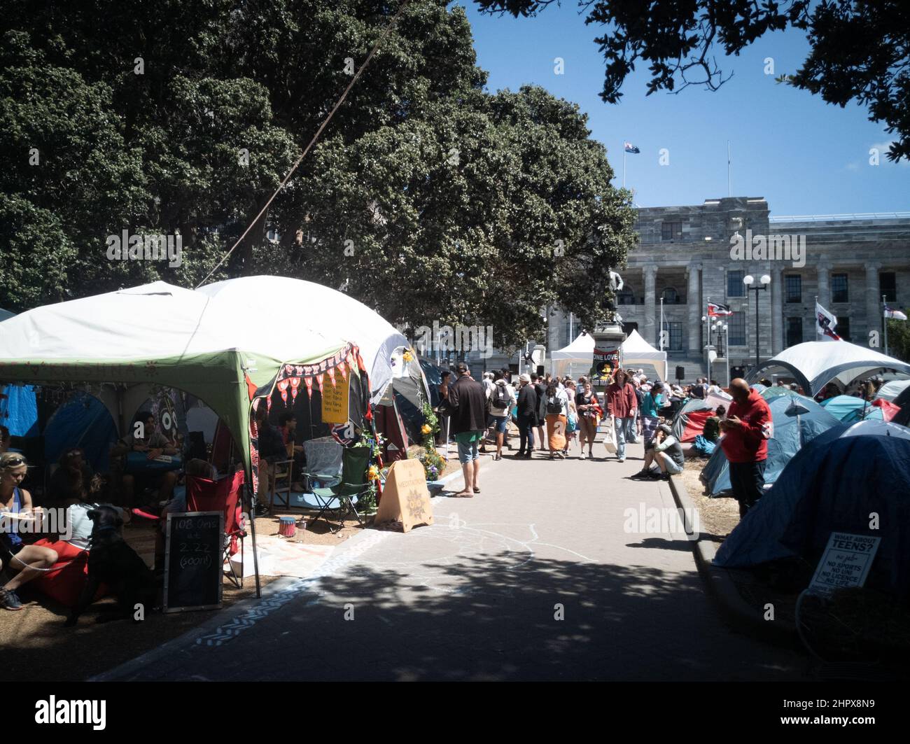 24. Februar 2022 - Menschen am 17. Tag des Protests und der Besatzung gegen Impfstoffmandate aus Parlamentsgründen in Wellington, Neuseeland Stockfoto