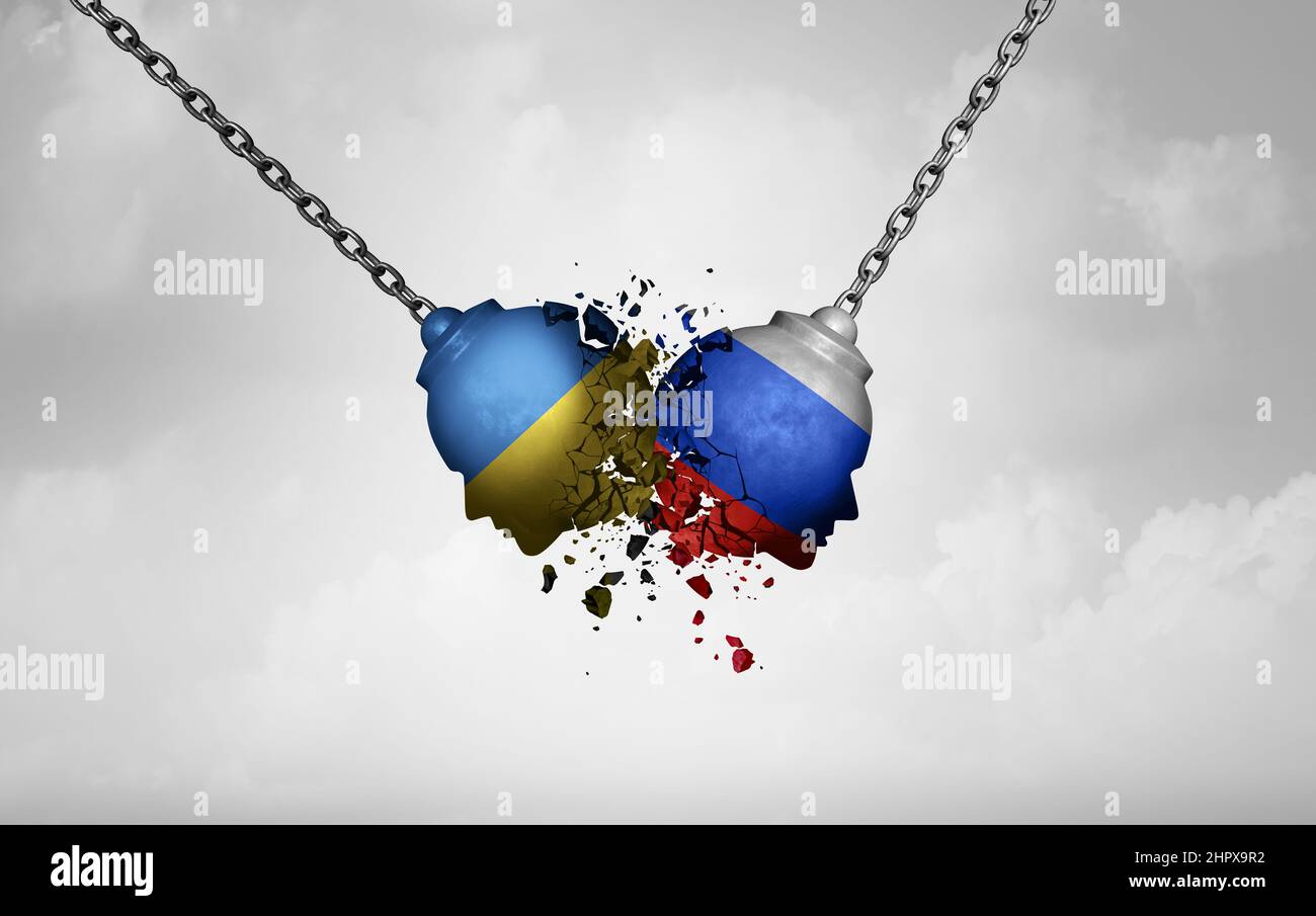Russland Ukraine Dispute Konzept als eine internationale diplomatische Krise zwischen zwei Regierungen als einen Kampf zwischen dem Westen und Osten daraus resultierenden. Stockfoto