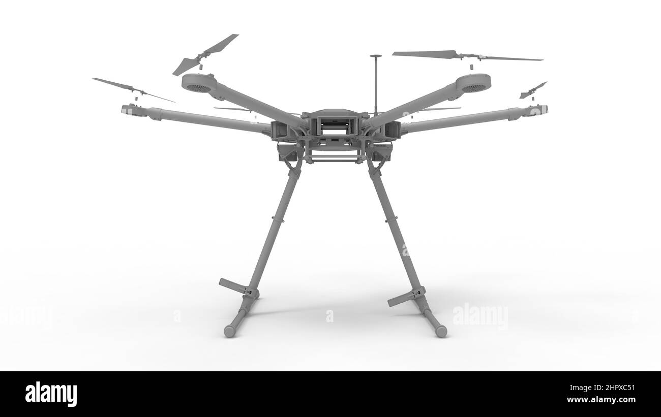 3D Rendering eines Computermodell Technologie Drohne Quadcopter isoliert in leerem Studio Hintergrund. Stockfoto