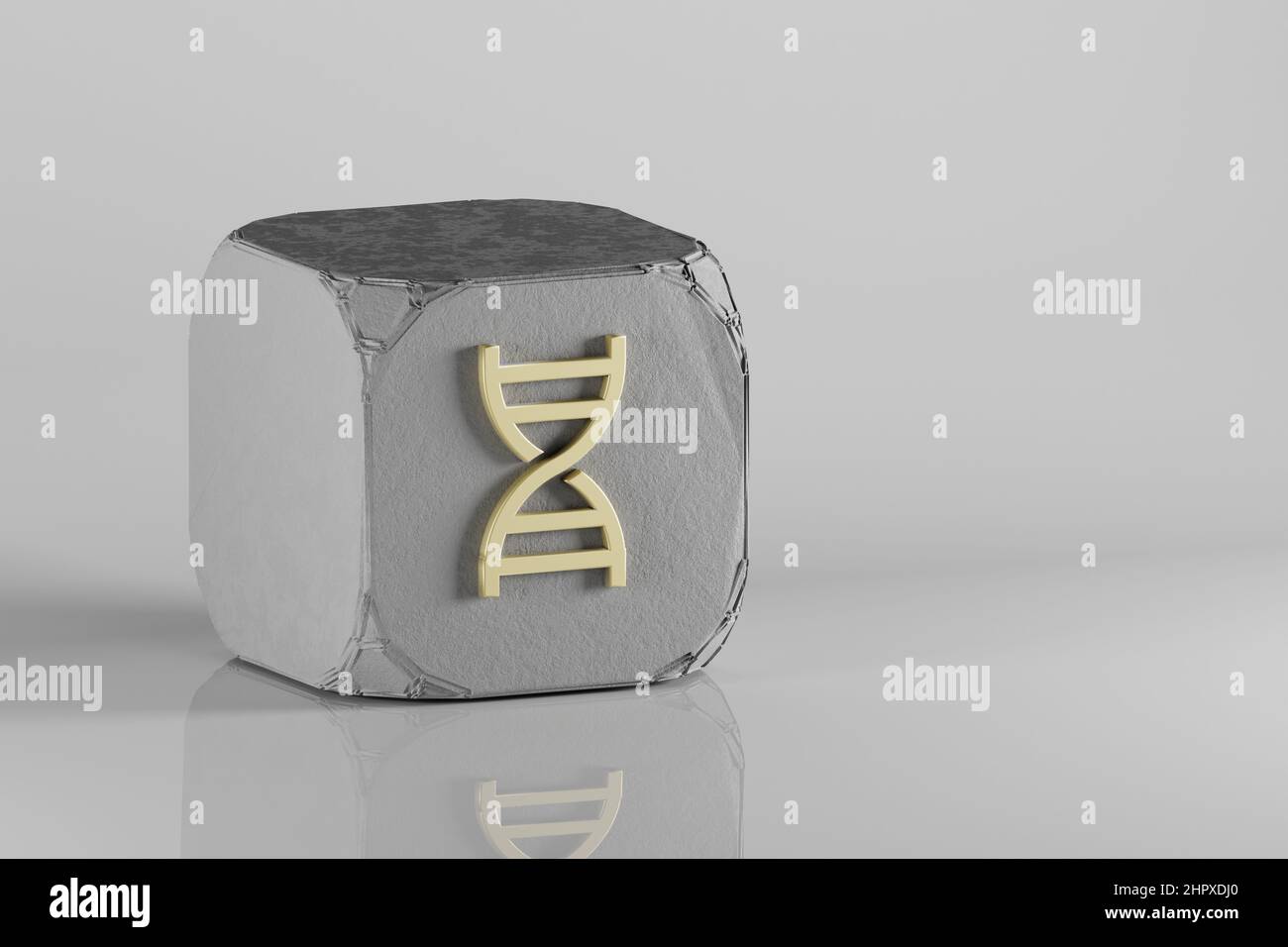 DNA-Symbol. Schöne goldene Symbol-Symbole auf einem Beton-Würfel und weißem Keramikhintergrund. 3D Rendering-Illustration. Hintergrundmuster für Design. Stockfoto