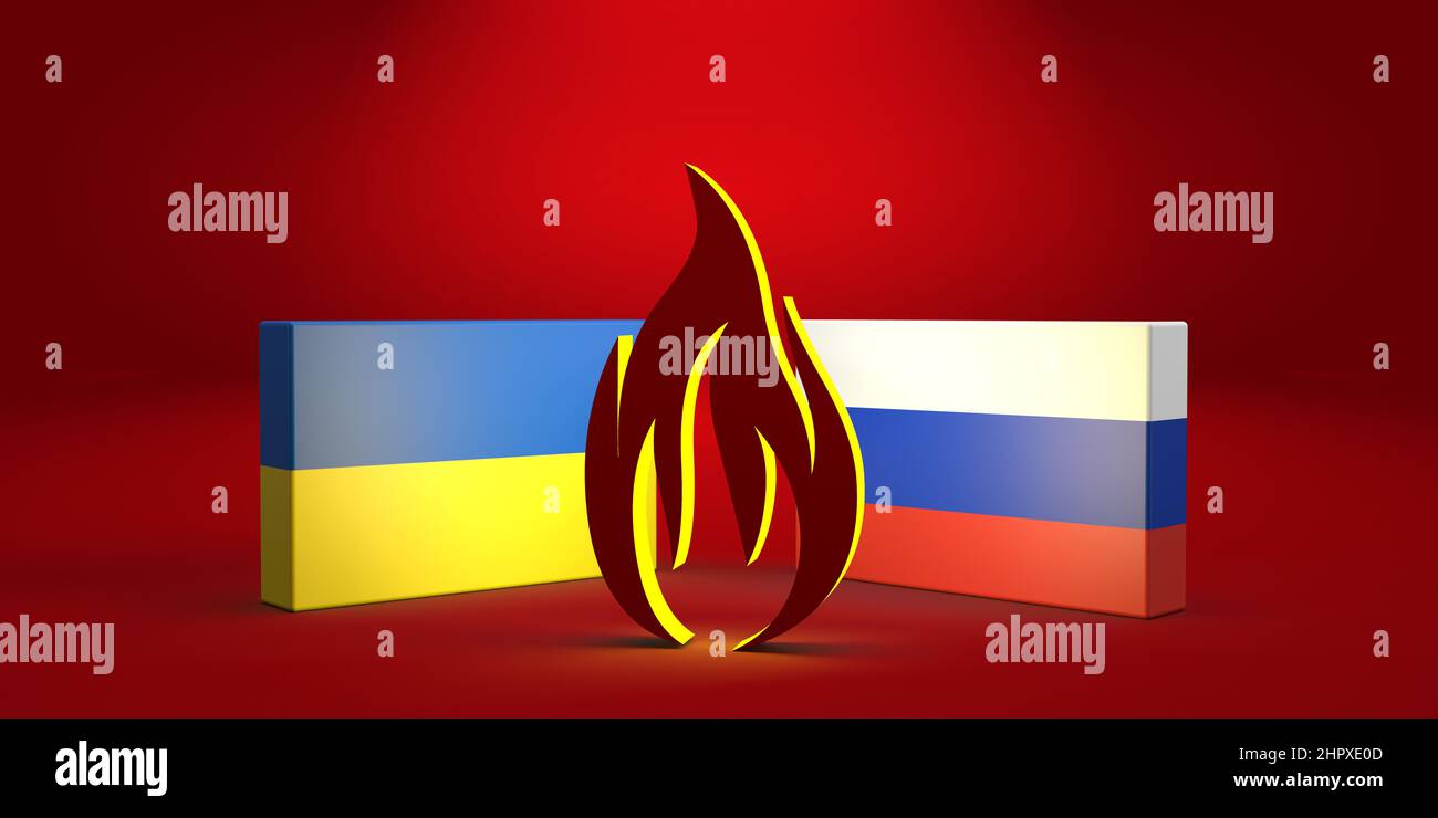 Ukraine - Russland Krieg. Ukrainische vs russische Flaggenflamme Symbol in 3D Render. Zollhandelskrise, diplomatische Beziehungen, Strategie. Abbildung für Web Stockfoto