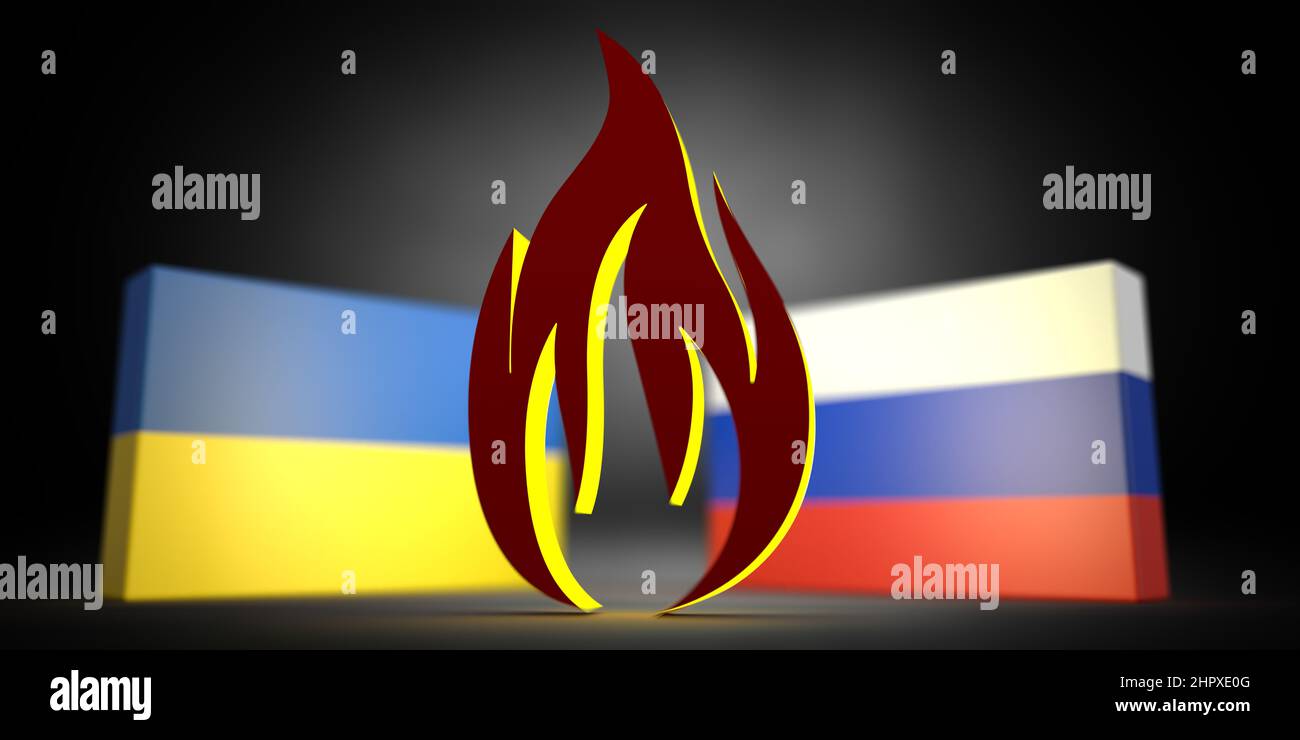 Ukraine - Russland Krieg. Ukrainische vs russische Flaggenflamme Symbol in 3D Render. Zollhandelskrise, diplomatische Beziehungen, Strategie. Abbildung für Web Stockfoto