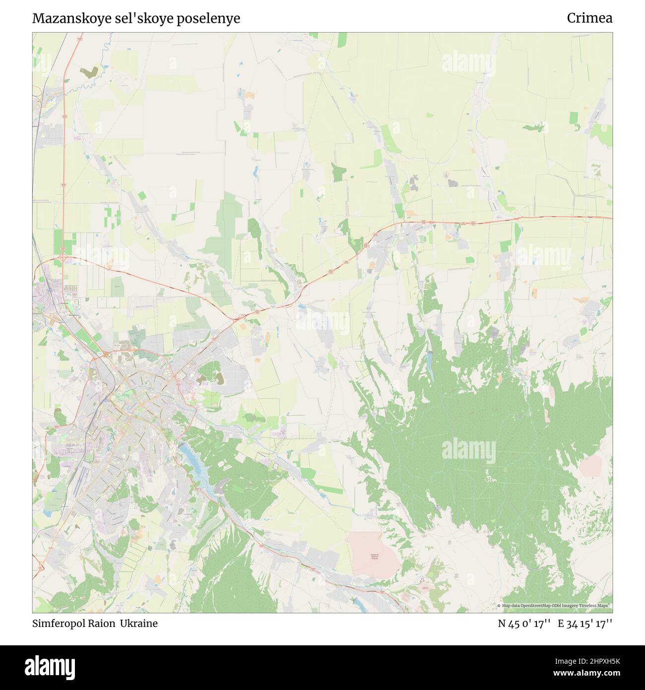 Mazanskoye sel'skoye poselenye, Rajon Simferopol, Ukraine, Krim, N 45 0' 17'', E 34 15' 17'', map, Timeless Map veröffentlicht im Jahr 2021. Reisende, Entdecker und Abenteurer wie Florence Nightingale, David Livingstone, Ernest Shackleton, Lewis and Clark und Sherlock Holmes haben sich bei der Planung von Reisen zu den entlegensten Ecken der Welt auf Karten verlassen.Timeless Maps kartiert die meisten Orte auf der Welt und zeigt die Verwirklichung großer Träume Stockfoto