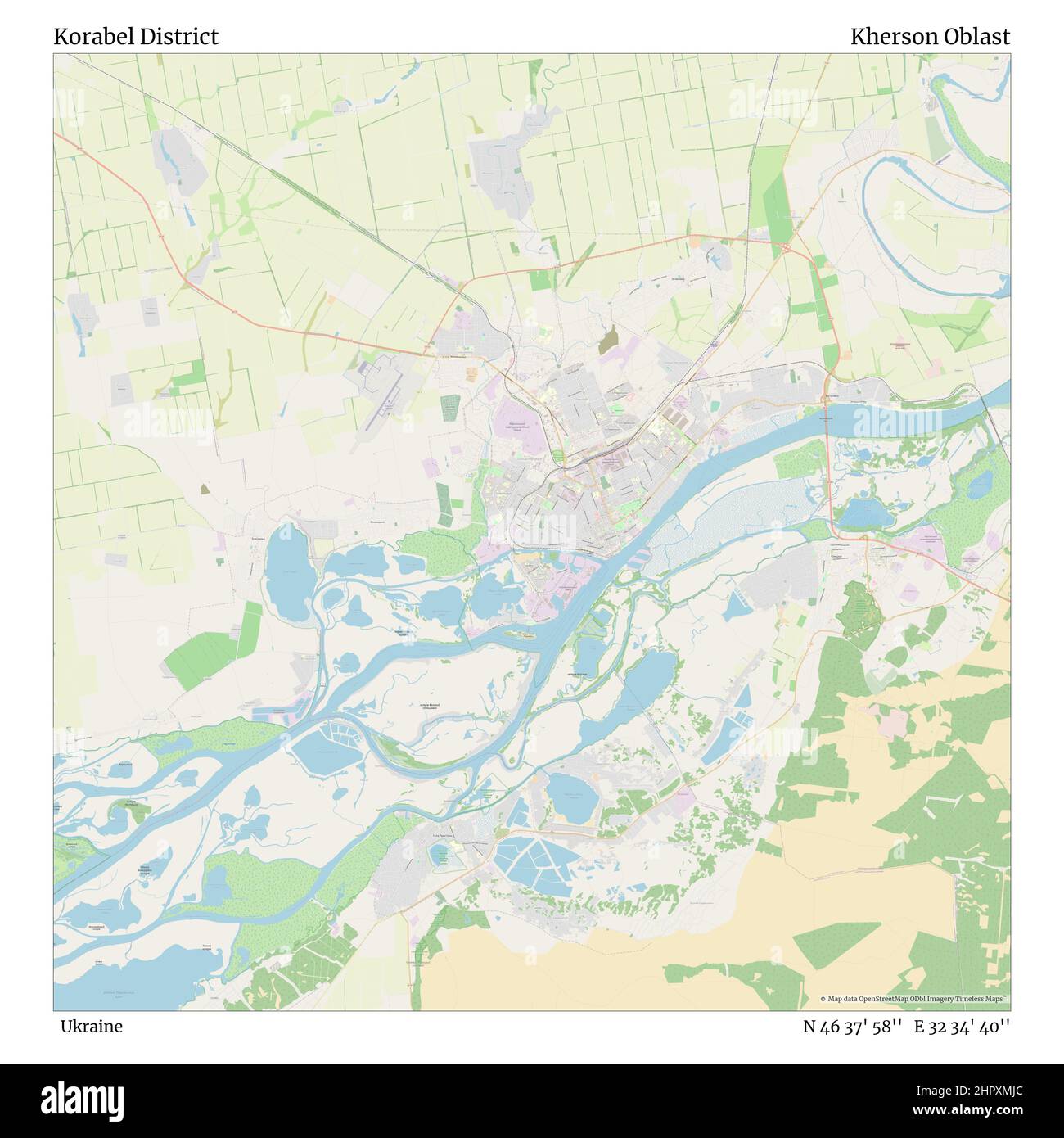 Korabel District, Ukraine, Cherson Oblast, N 46 37' 58'', E 32 34' 40'', map, Timeless Map veröffentlicht im Jahr 2021. Reisende, Entdecker und Abenteurer wie Florence Nightingale, David Livingstone, Ernest Shackleton, Lewis and Clark und Sherlock Holmes haben sich bei der Planung von Reisen zu den entlegensten Ecken der Welt auf Karten verlassen.Timeless Maps kartiert die meisten Orte auf der Welt und zeigt die Verwirklichung großer Träume Stockfoto