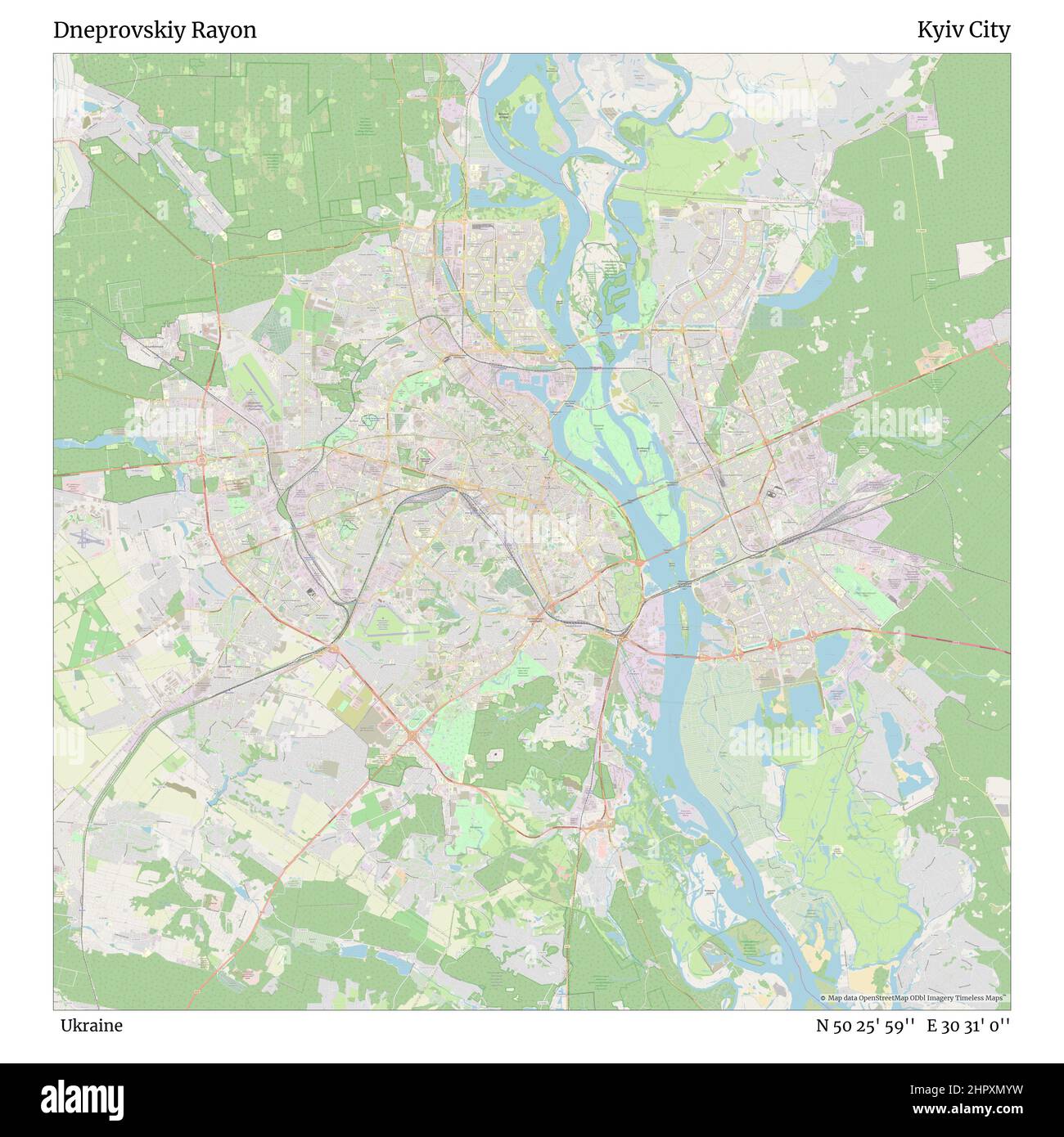 Dneprovskiy Rayon, Ukraine, Kiew-Stadt, N 50 25' 59'', E 30 31' 0'', Karte, Timeless Map veröffentlicht im Jahr 2021. Reisende, Entdecker und Abenteurer wie Florence Nightingale, David Livingstone, Ernest Shackleton, Lewis and Clark und Sherlock Holmes haben sich bei der Planung von Reisen zu den entlegensten Ecken der Welt auf Karten verlassen.Timeless Maps kartiert die meisten Orte auf der Welt und zeigt die Verwirklichung großer Träume Stockfoto