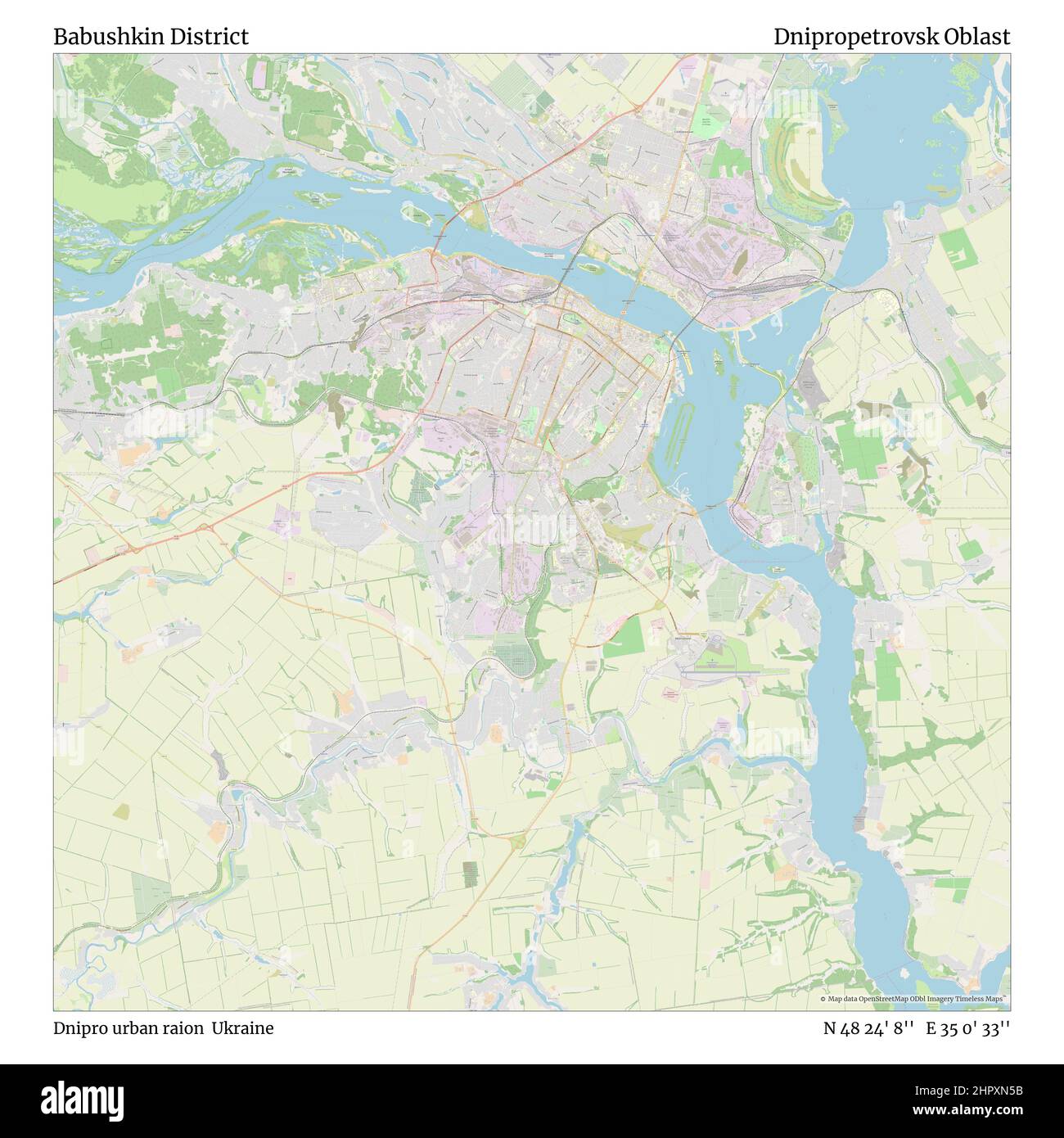 Bezirk Babushkin, stadtbezirk Dnipro, Ukraine, Oblast Dnipropetrowsk, N 48 24' 8'', E 35 0' 33'', Karte, Zeitlose Karte, veröffentlicht im Jahr 2021. Reisende, Entdecker und Abenteurer wie Florence Nightingale, David Livingstone, Ernest Shackleton, Lewis and Clark und Sherlock Holmes haben sich bei der Planung von Reisen zu den entlegensten Ecken der Welt auf Karten verlassen.Timeless Maps kartiert die meisten Orte auf der Welt und zeigt die Verwirklichung großer Träume Stockfoto