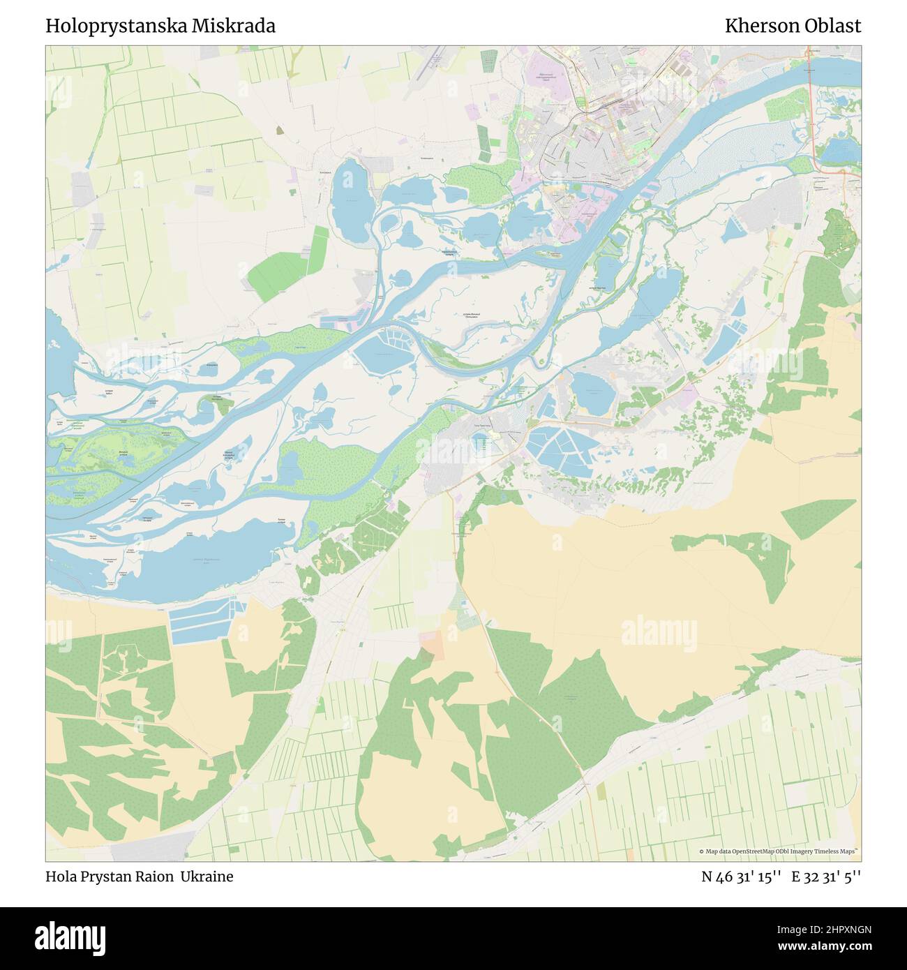 Holoprystanska Miskrada, Rajon Hola Prystan, Ukraine, Gebiet Cherson, N 46 31' 15'', E 32 31' 5'', Karte, Zeitlose Karte, veröffentlicht im Jahr 2021. Reisende, Entdecker und Abenteurer wie Florence Nightingale, David Livingstone, Ernest Shackleton, Lewis and Clark und Sherlock Holmes haben sich bei der Planung von Reisen zu den entlegensten Ecken der Welt auf Karten verlassen.Timeless Maps kartiert die meisten Orte auf der Welt und zeigt die Verwirklichung großer Träume Stockfoto