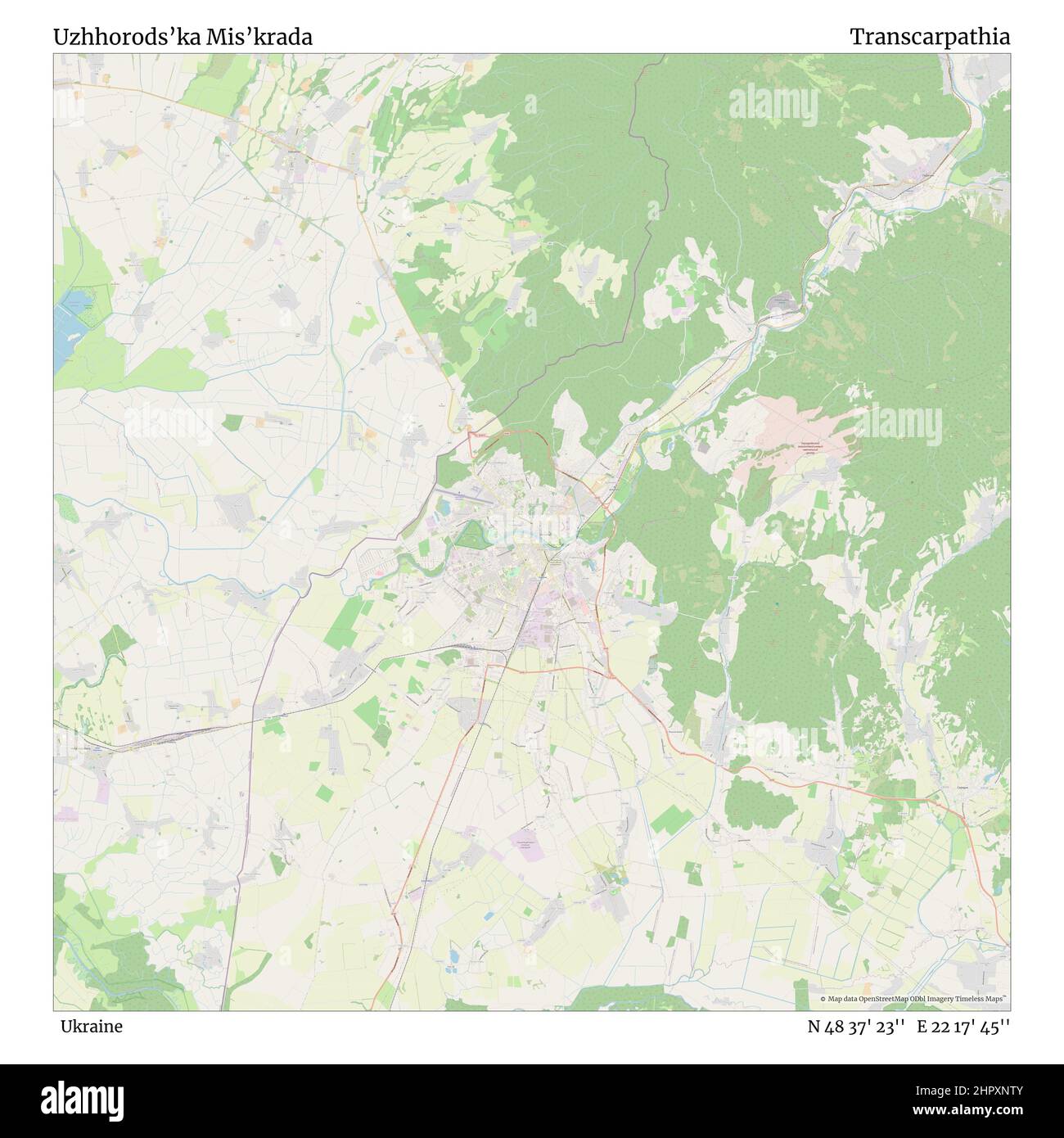 Uzhhorods’ka Mis’krada, Ukraine, Transkarpatien, N 48 37' 23'', E 22 17' 45'', map, Timeless Map veröffentlicht im Jahr 2021. Reisende, Entdecker und Abenteurer wie Florence Nightingale, David Livingstone, Ernest Shackleton, Lewis and Clark und Sherlock Holmes haben sich bei der Planung von Reisen zu den entlegensten Ecken der Welt auf Karten verlassen.Timeless Maps kartiert die meisten Orte auf der Welt und zeigt die Verwirklichung großer Träume Stockfoto