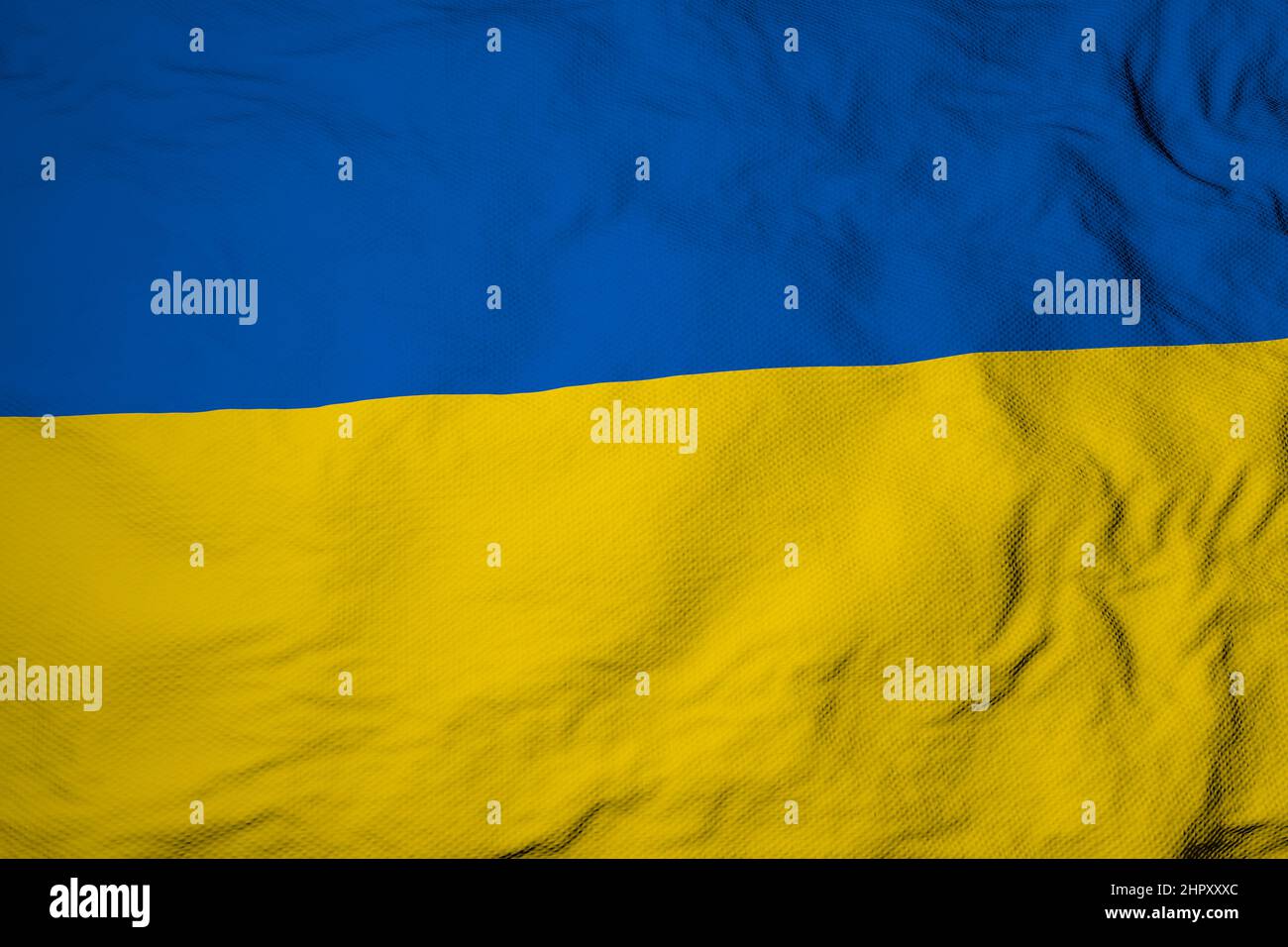 Nahaufnahme einer winkenden ukrainischen Flagge im Vollbildformat in 3D Rendering. Stockfoto