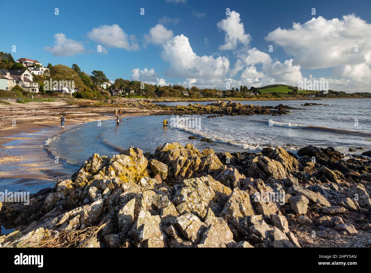 Strand und felsige Küste am Solway Firth, Rockcliffe, Dalbeattie, Dumfries und Galloway, Schottland, Vereinigtes Königreich, Europa Stockfoto