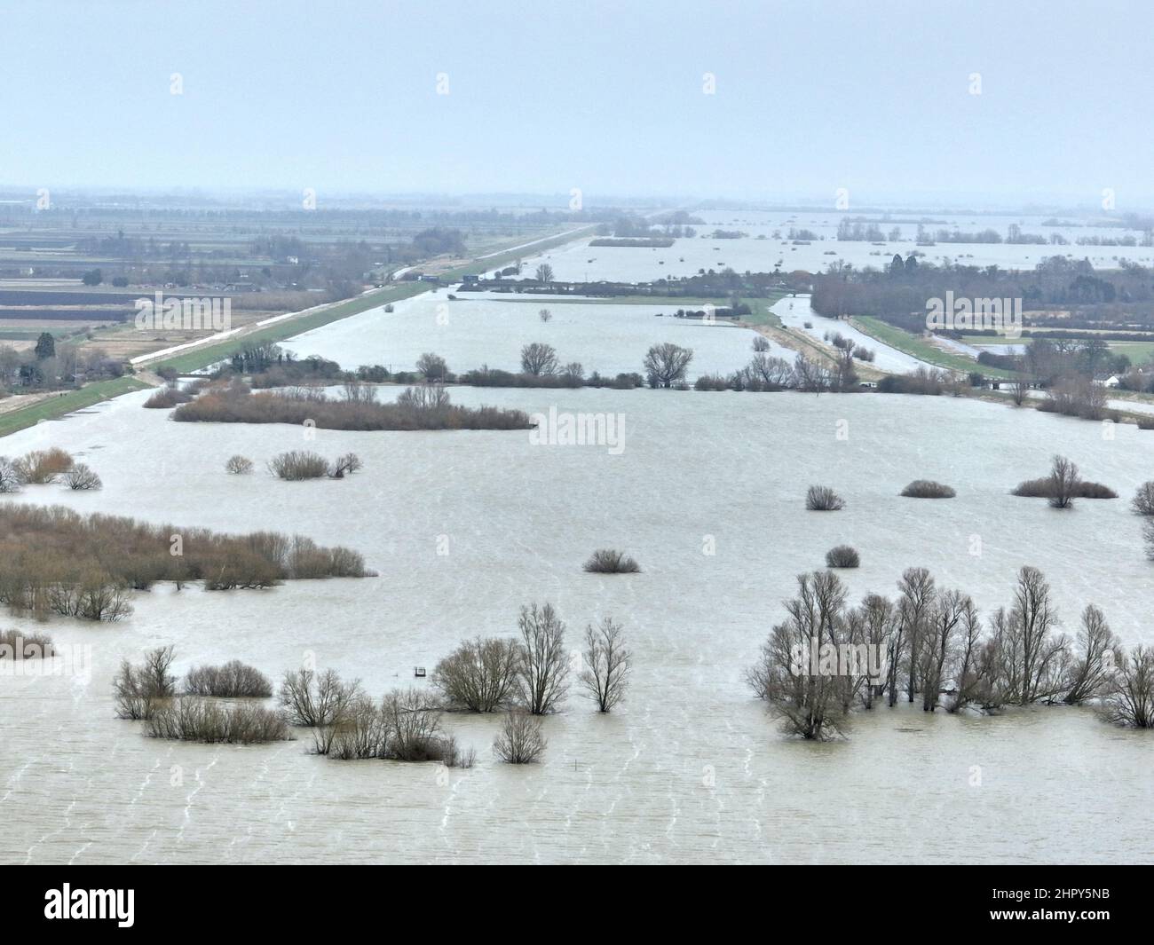 Sutton Gault, Großbritannien. 22nd. Februar 2022. Die Pegel des Flusses Great Ouse in Sutton Gault, Cambridgeshire, sind immer noch sehr hoch und haben zur Schließung der Straße wegen Überschwemmungen am 22. Februar 2022 geführt.Quelle: Paul Marriott/Alamy Live News Stockfoto